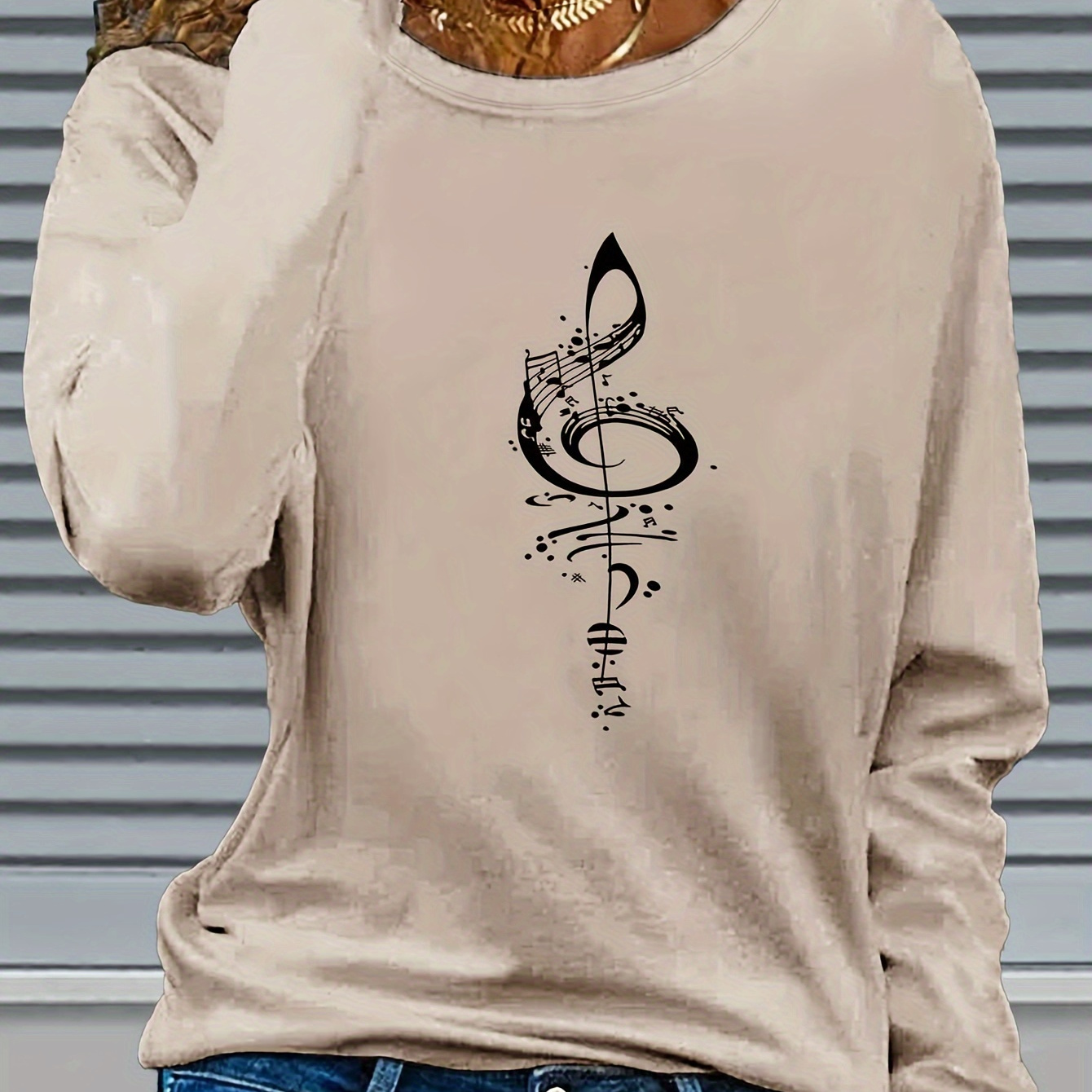 

1pc Women's Casual Long Sleeve T-shirt With Treble Clef Print, Polyester Knit, Round Neck, Regular Fit, Autumn/ Top