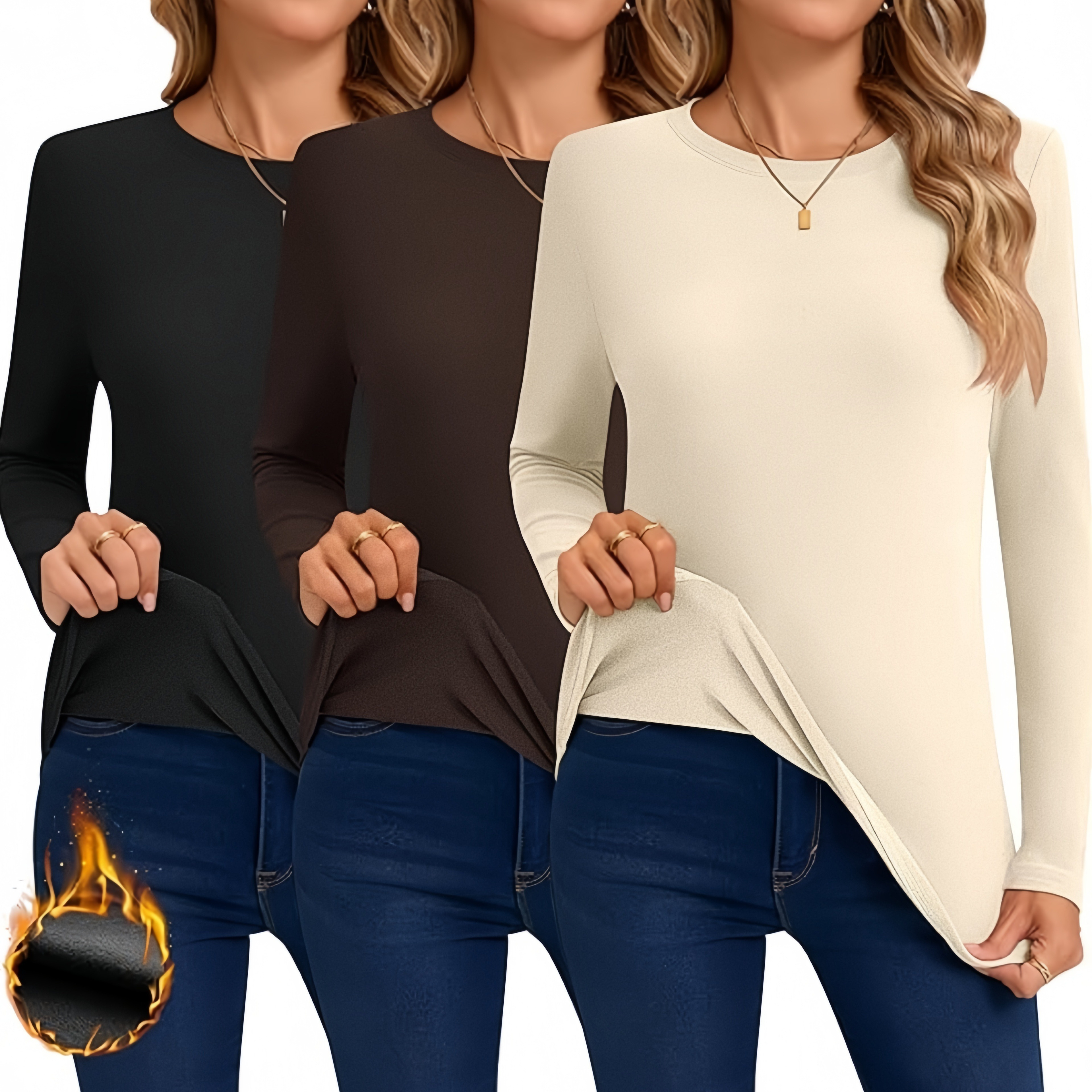 

3pcs Women's Long Sleeve Velvet-lined Warm T-shirts - Casual Crew Neck, Slim Fit Basic Layer Tops In Black, Dark Brown, And , Machine Washable