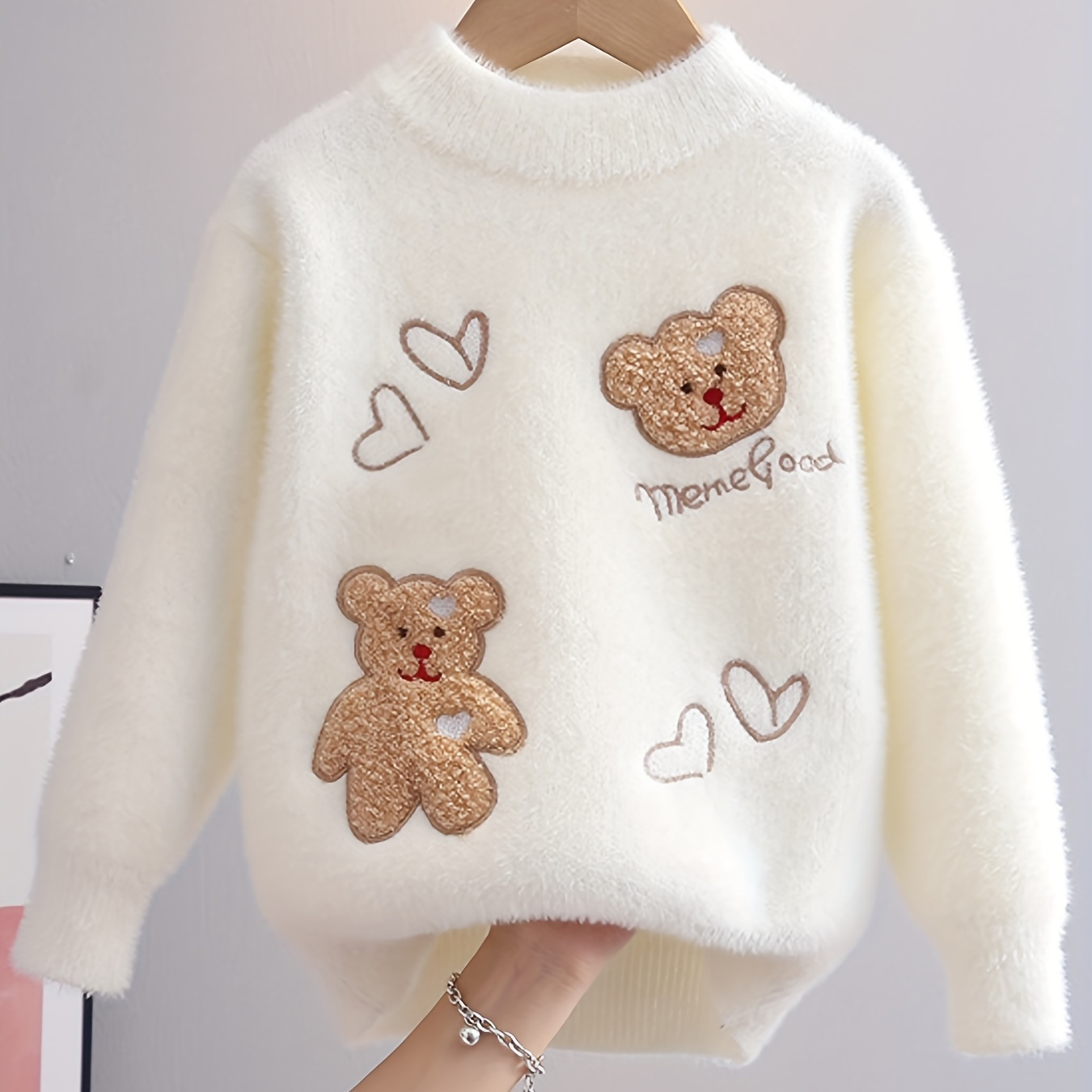 

1pc Winter 2024 Cute Cartoon Bear Embroidered Crew Neck Pullover Sweater For Girls, 95% Polyester 5% Spandex, Long Sleeve Knit Fabric With Slight Stretch, Regular Fit - Cozy Mink Fleece Knitwear