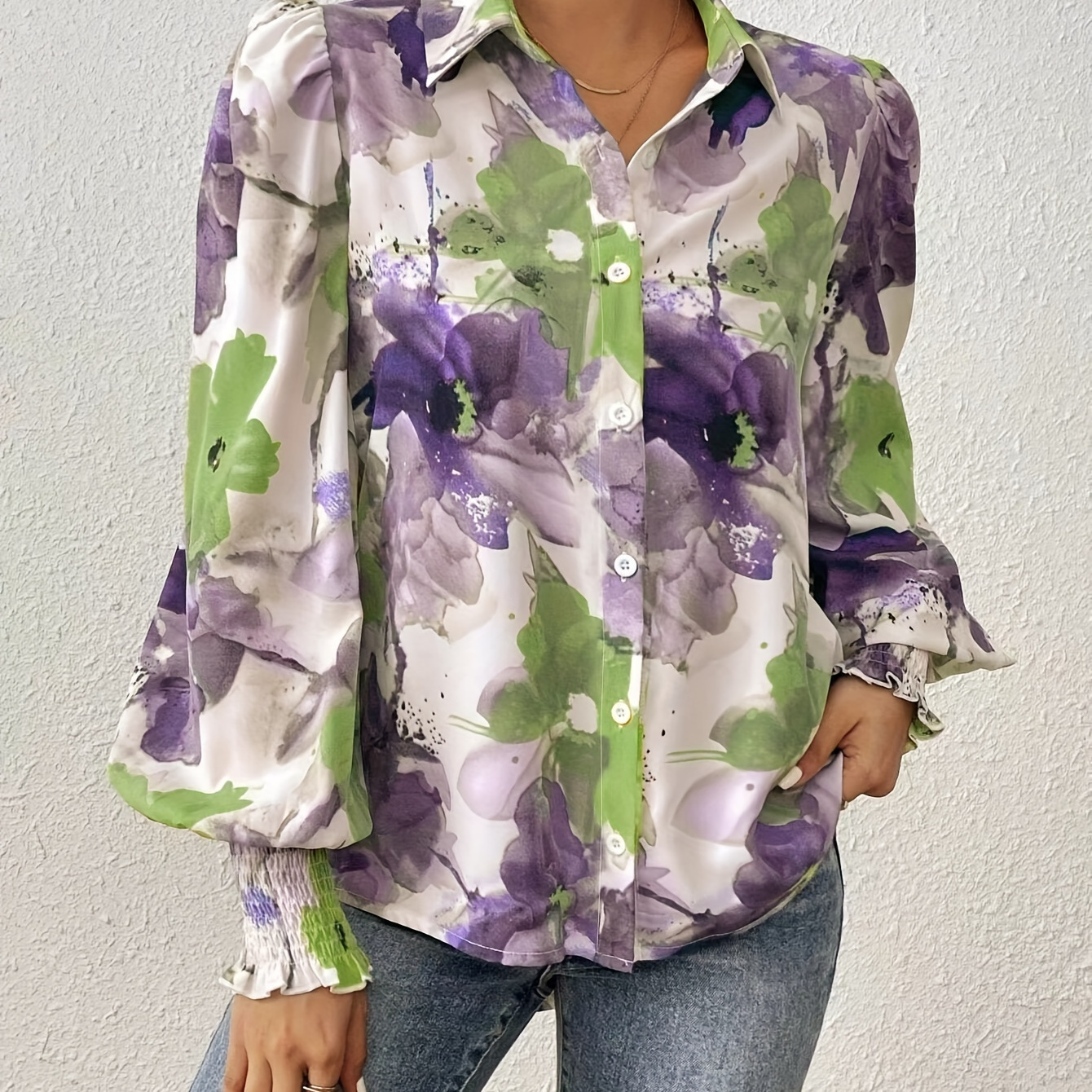 

Plus Size Floral Print Blouse, Casual Long Sleeve Buttons Blouse For Spring, Women's Plus Size clothing