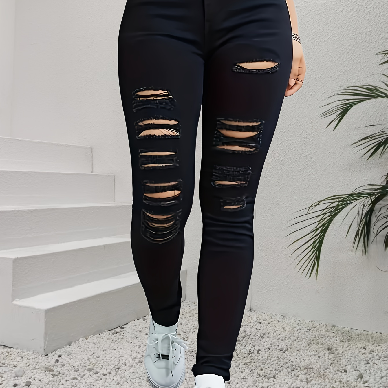 

Ripped Skinny Fit Jeans, Plain Black Color Distressed Denim Pants, Women's Denim Jeans & Clothing