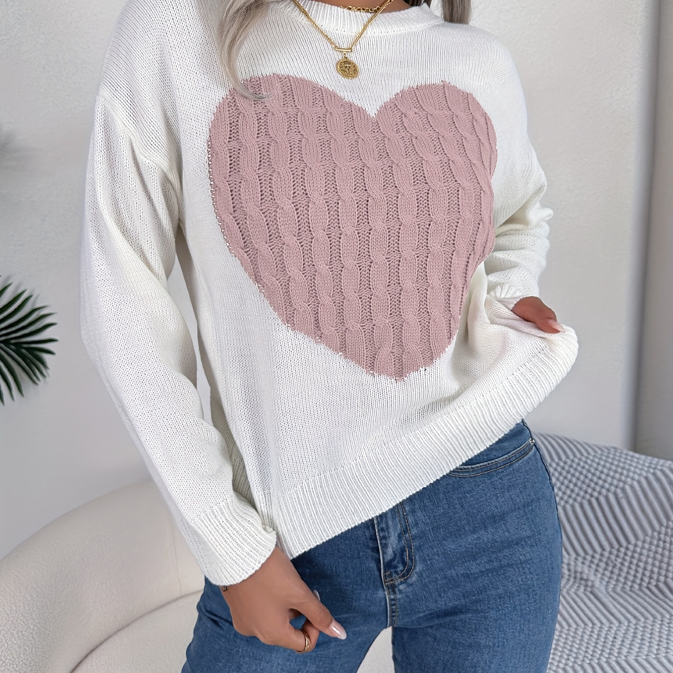 

Twist Heart Knitted Pullover Sweater, Casual Long Sleeve Sweater For Fall & Winter, Women's Clothing