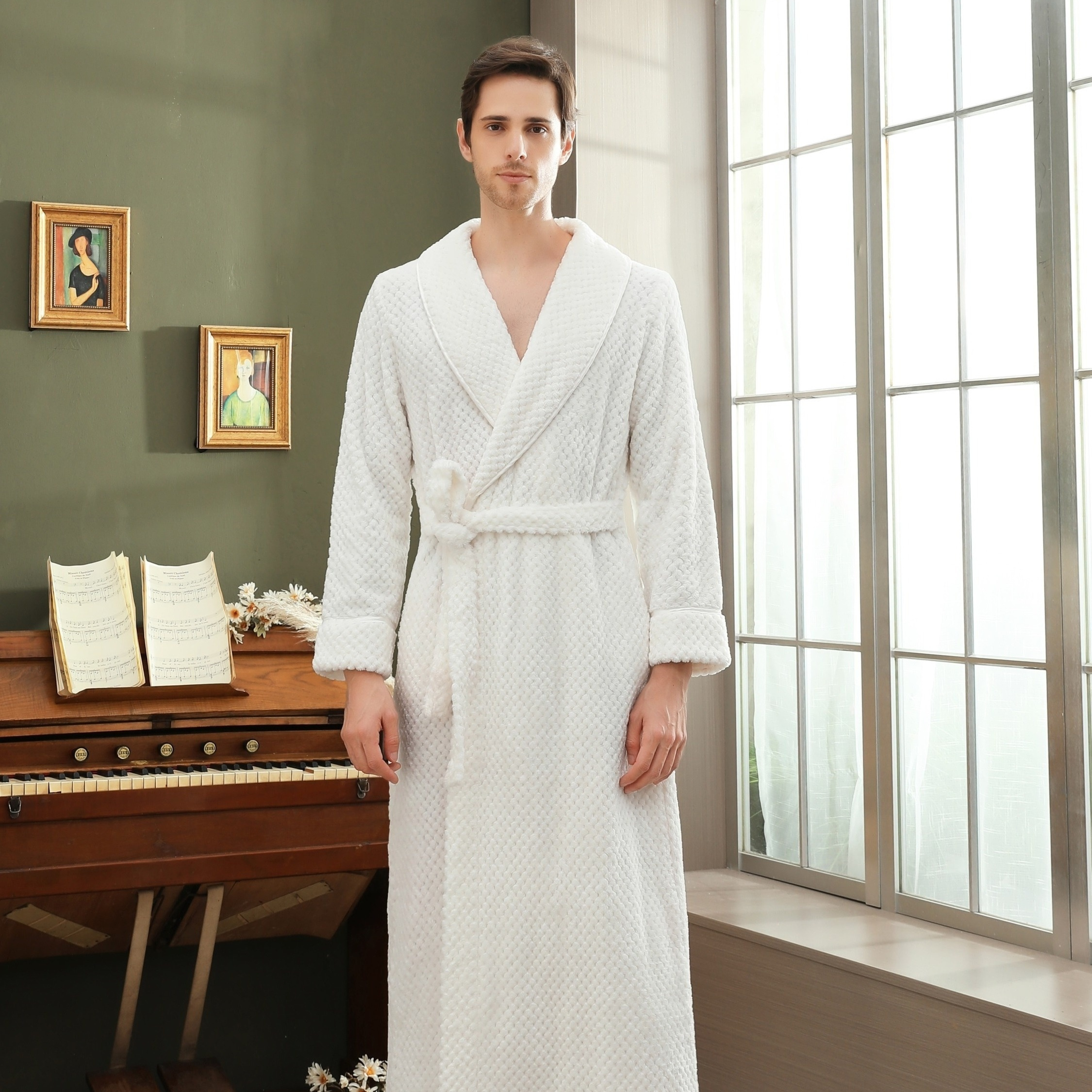 Men's Comfy Solid Fleece Robe Home Pajamas Wear With Pocket One-piece Lace Up Kimono Night-robe Warm Sets After Bath