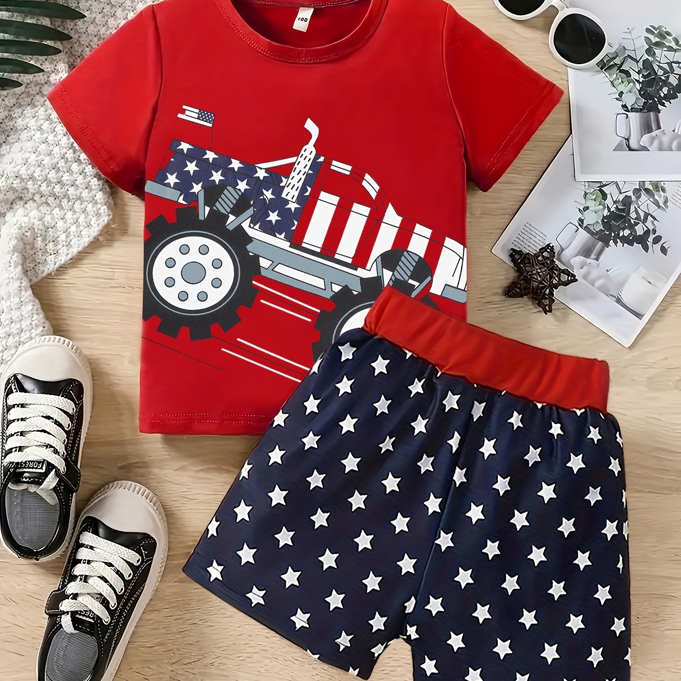 

Boys 4th Of July Clothes Usa Car Graphic T-shirt Top + Stars Print Short Set Kids Independence Day Outfit Set