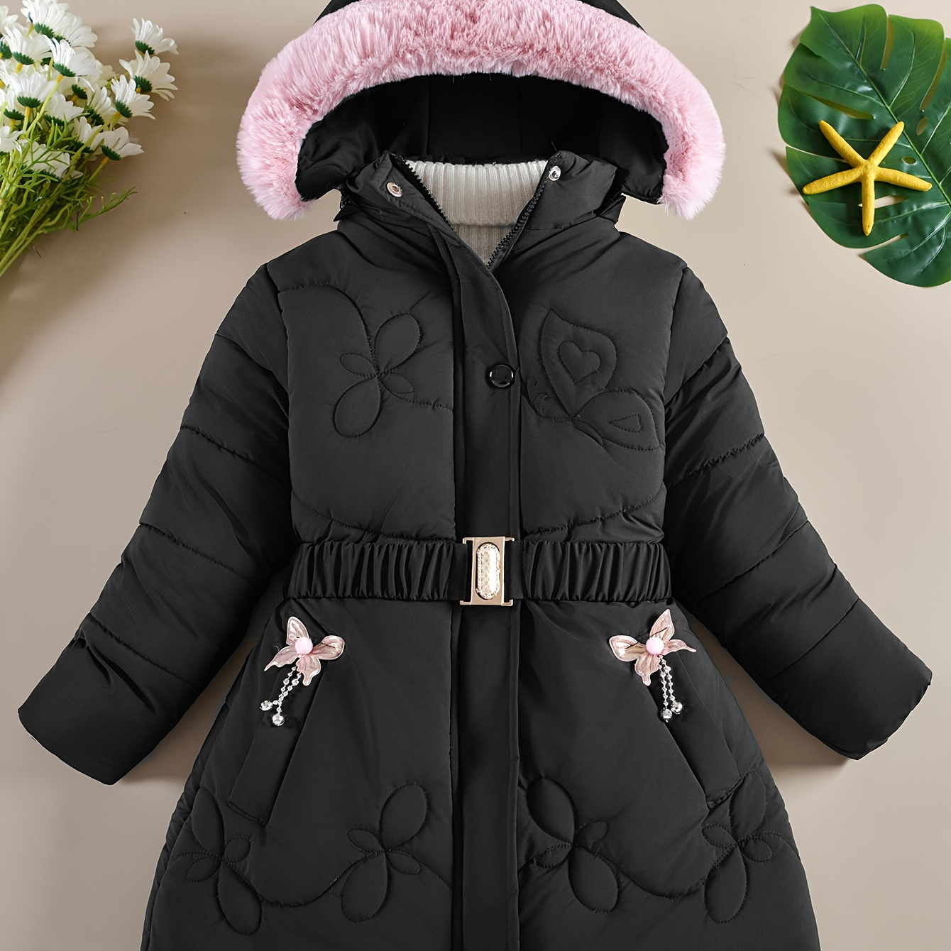 

Elegant Belted A-line Padded Jackets For Girls With Furry Hood, Long Sleeve Casual Warm Hooded Parkas Coat For Winter/fall