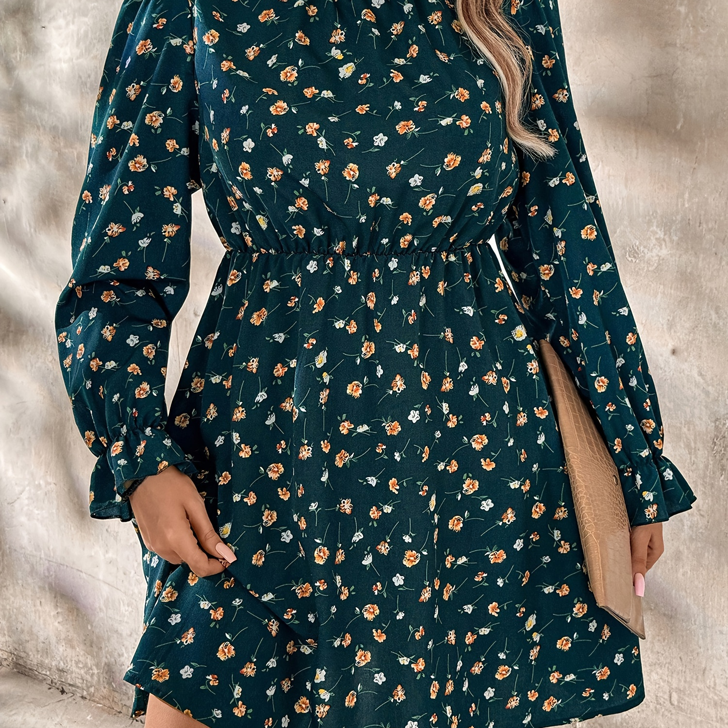 

1pc Promone Women's Floral Print High Neck A-line Dress, Polyester Woven Long Sleeve Spring/fall Dress With Waist Cinching Detail