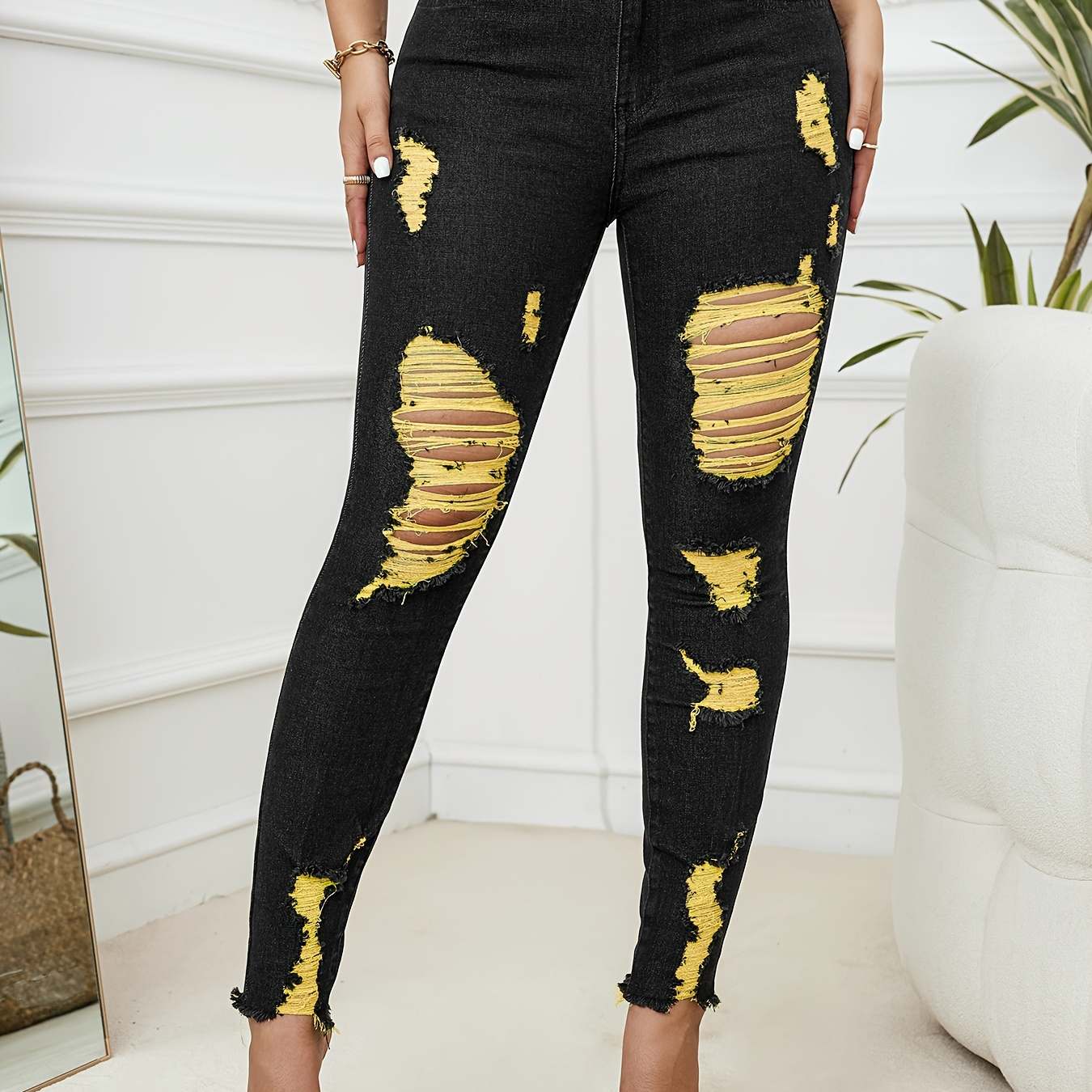 

Women's Fashion Distressed Jeans, Mid-waist Stretch Denim, Casual Ripped Long Pants With Frayed Hem, Washed Effect, Black With Yellow Detail