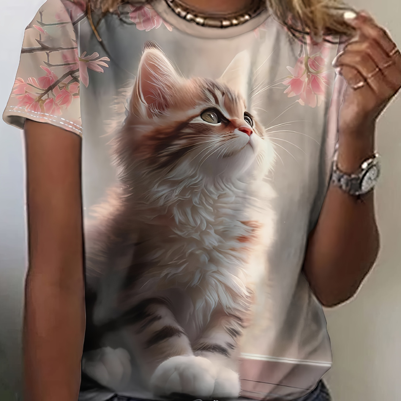 

T-shirt à imprimé floral et chat, haut décontracté à manches courtes col rond pour le printemps et l'été, vêtements pour femmes