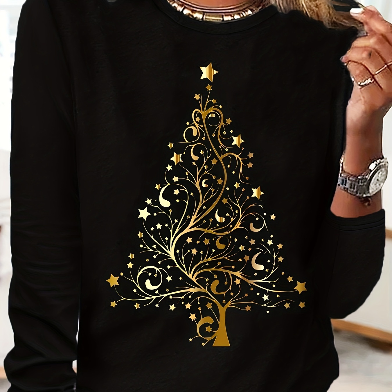 

Women's Casual Long Sleeve Crew Neck T-shirt With Christmas Tree Graphic Print, Polyester Blend Knit Fabric - Regular Fit For Spring/summer/fall