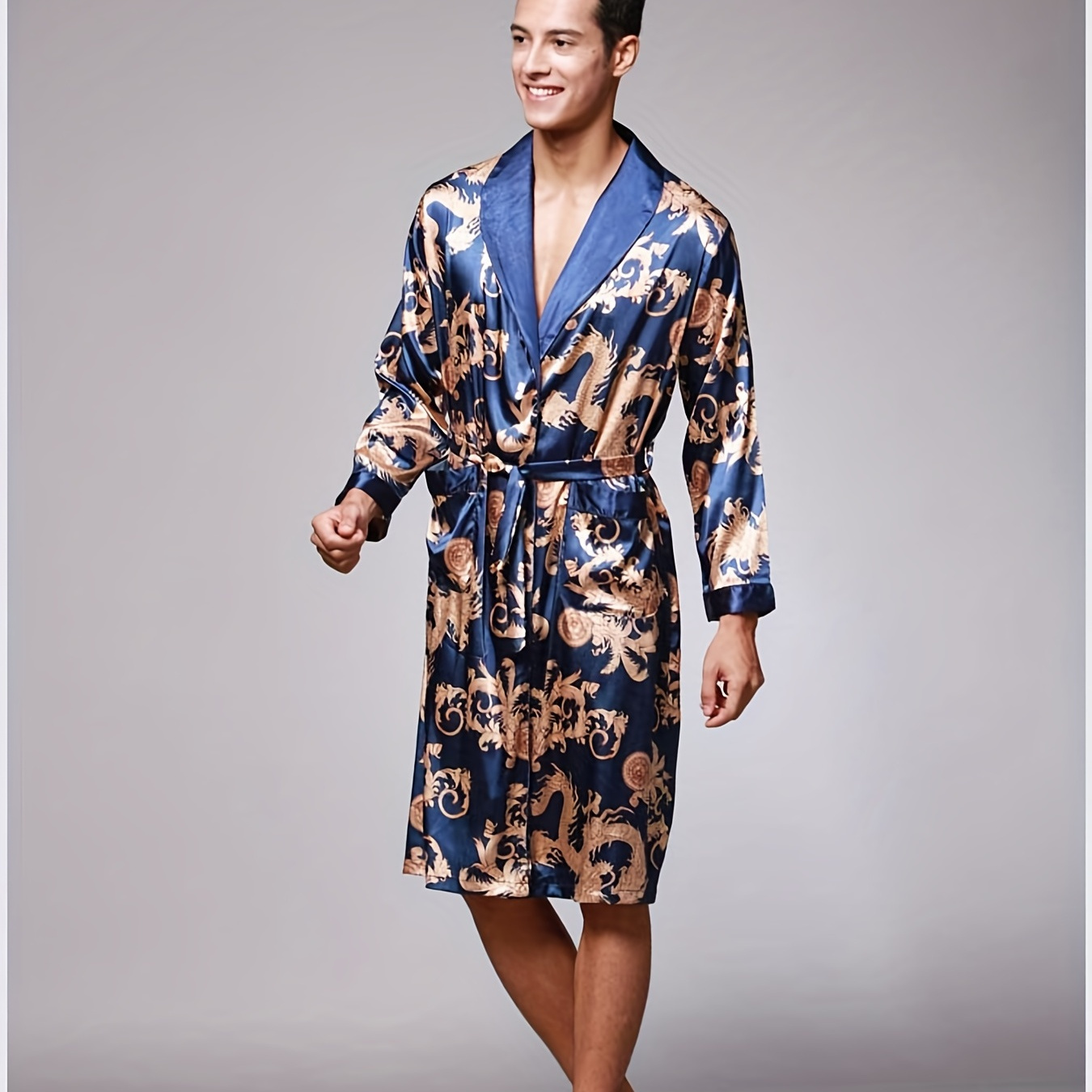  Bata tipo kimono de seda para hombre con bolsillo, bata de baño  para hombre, ropa de dormir de verano de satén para hombre, ropa de  descanso, larga, M, L, XL, XXL