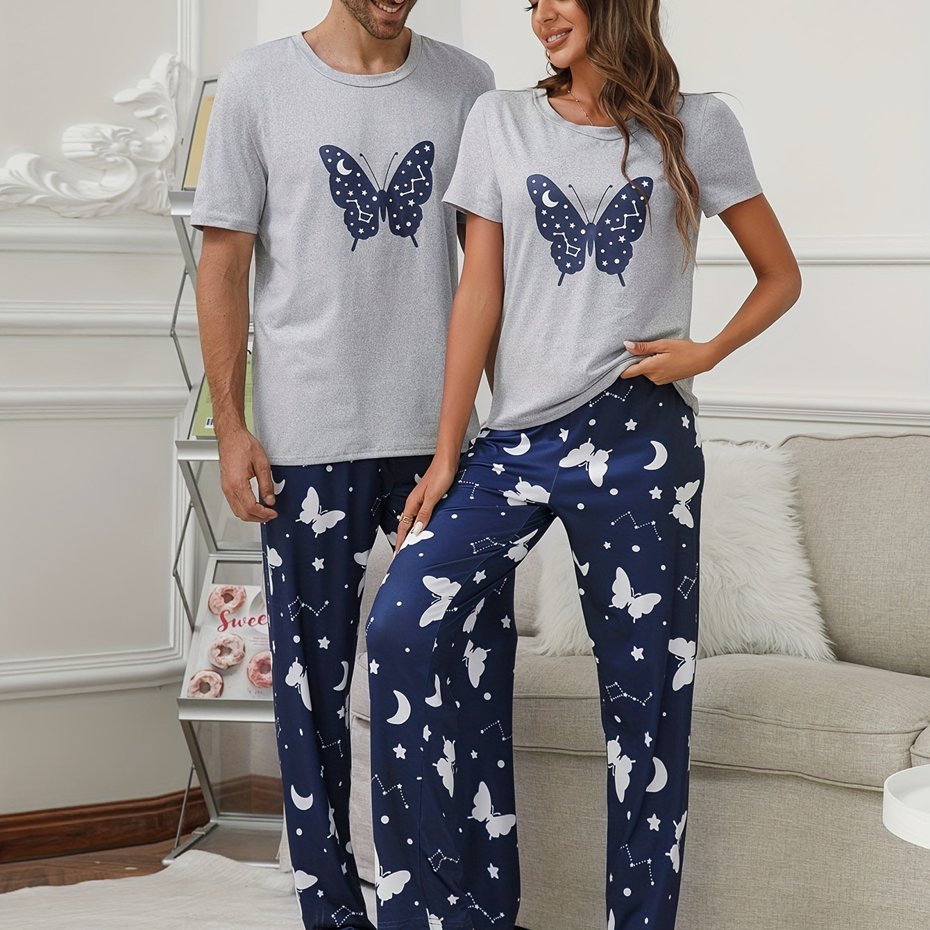 

Women's Butterfly & Constellation Print Pajama Set, Short Sleeve Round Neck T-shirt & Pants, Women's Sleepwear