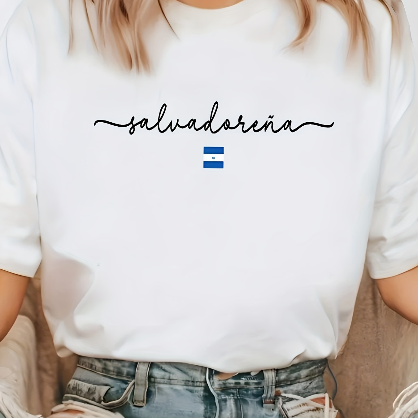 

Salvadorian Flag Art T-shirt - Love El Salvador Casual Letter Print Women's Crew Neck Tee, Polyester 95%, Spandex 5%, Medium Stretch, Knit Fabric For All