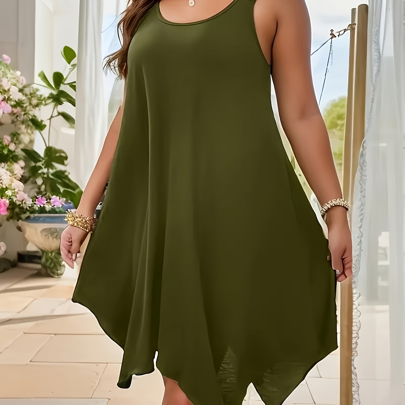 

Plus Size Solid Asymmetrical Hem Dress, Casual Sleeveless Crew Neck Dual Strap Dress For Spring & Summer, Women's Plus Size Clothing