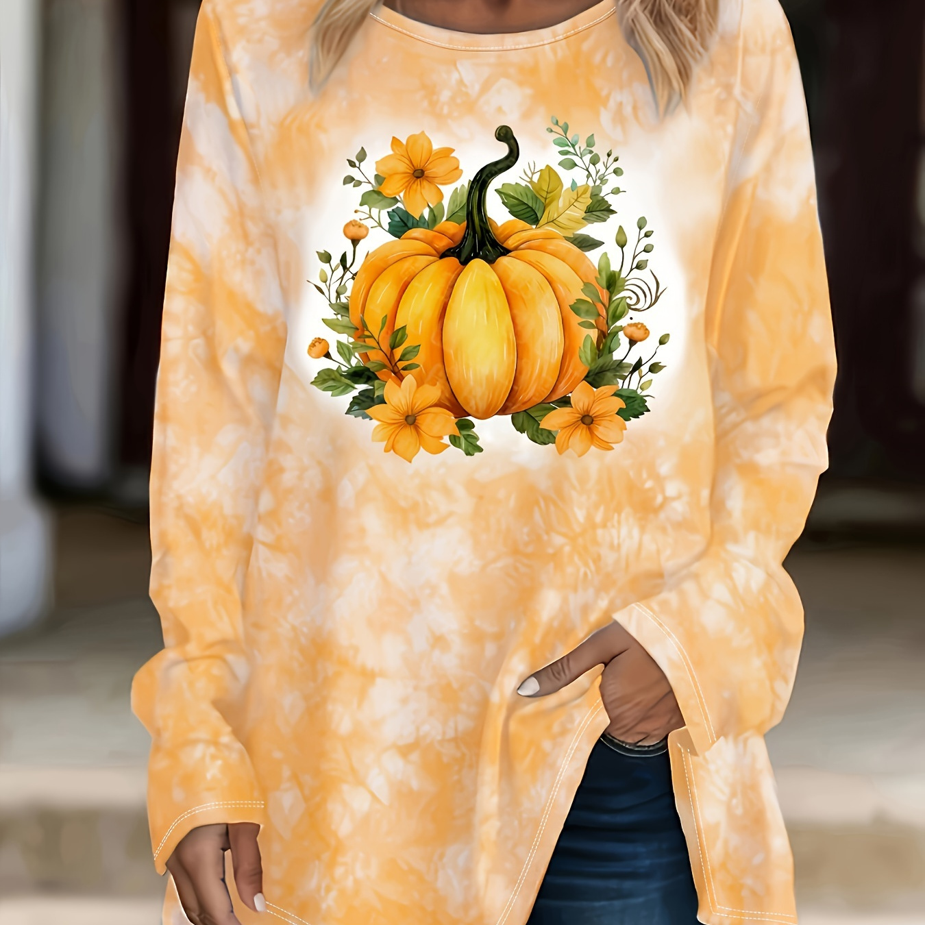 

Plus Size Pumpkin Print Crew Neck T-shirt, Casual Long Sleeve Top For Spring & Fall, Women's Plus Size Clothing