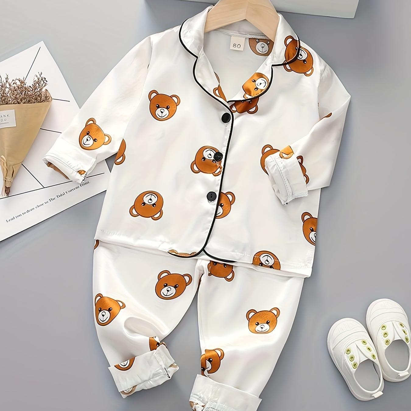 

2pcs Boys Lounge Wear Button Down Long Sleeve Top & Elastic Waist Long Pants Bear Print Pajamas Comfy Casual Set Kids Clothes