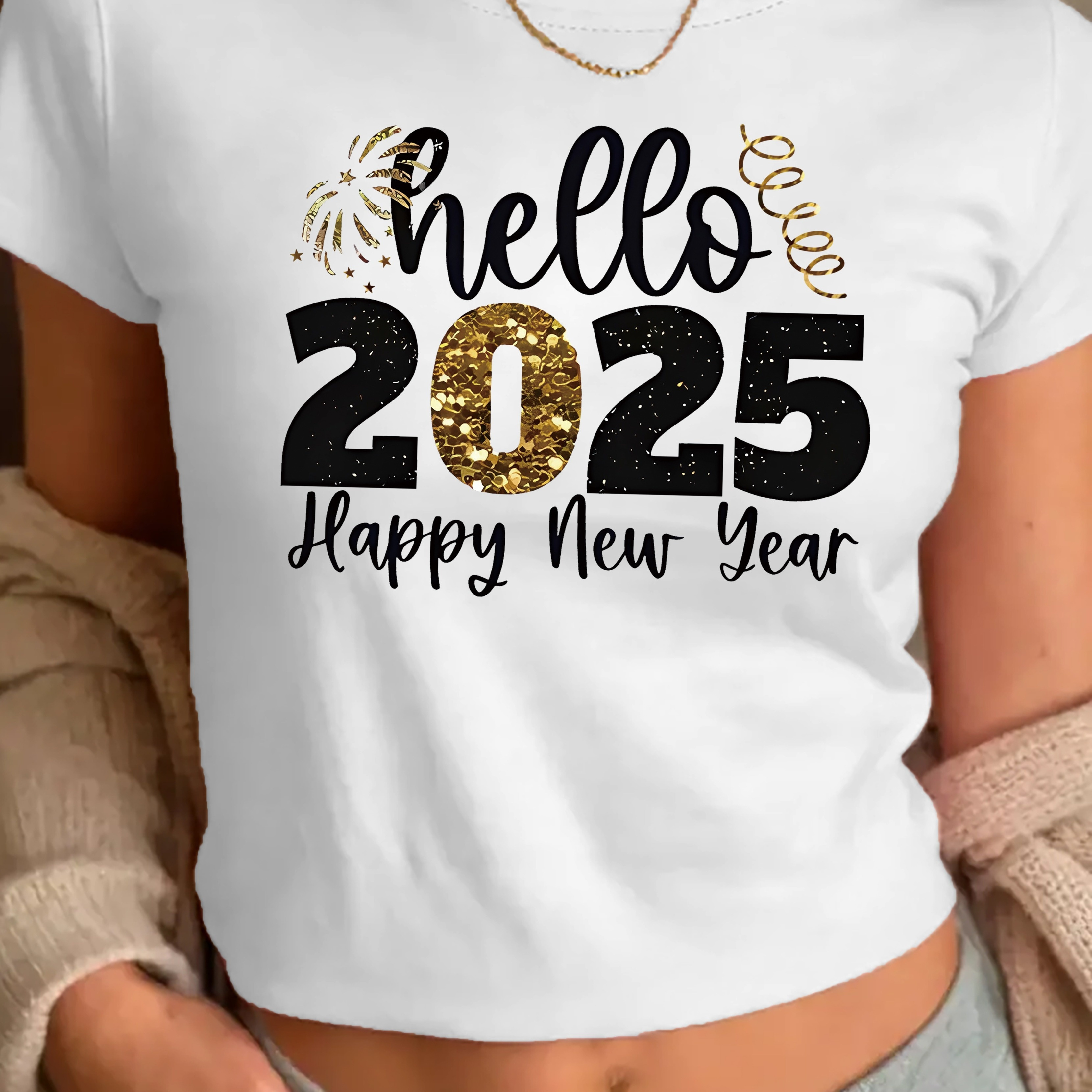 

Hello 2025 Happy New Year Printed Round Neck T-shirt, Y2k Short-sleeved T-shirt Spring And Summer, Women's Wear