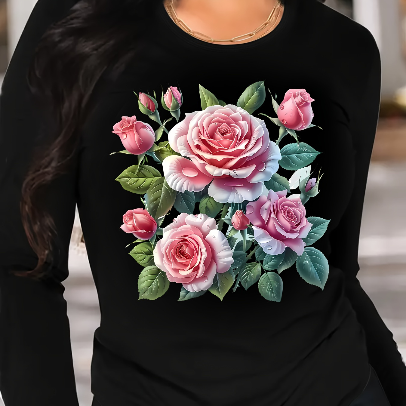 

Casual Floral Long Sleeve T-shirt For Women, Crew Neck, Polyester Knit Fabric With Medium Stretch, Rose Print Tops