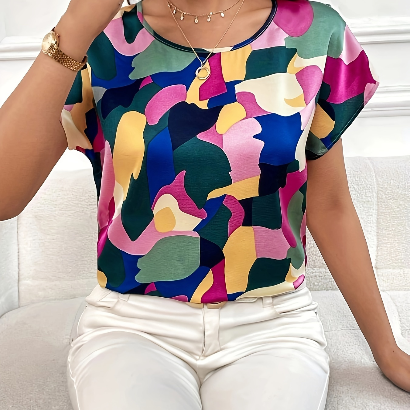 

Colorful Graphic Print Crew Neck Blouse, Versatile Short Sleeve Blouse For Spring & Summer, Women's Clothing