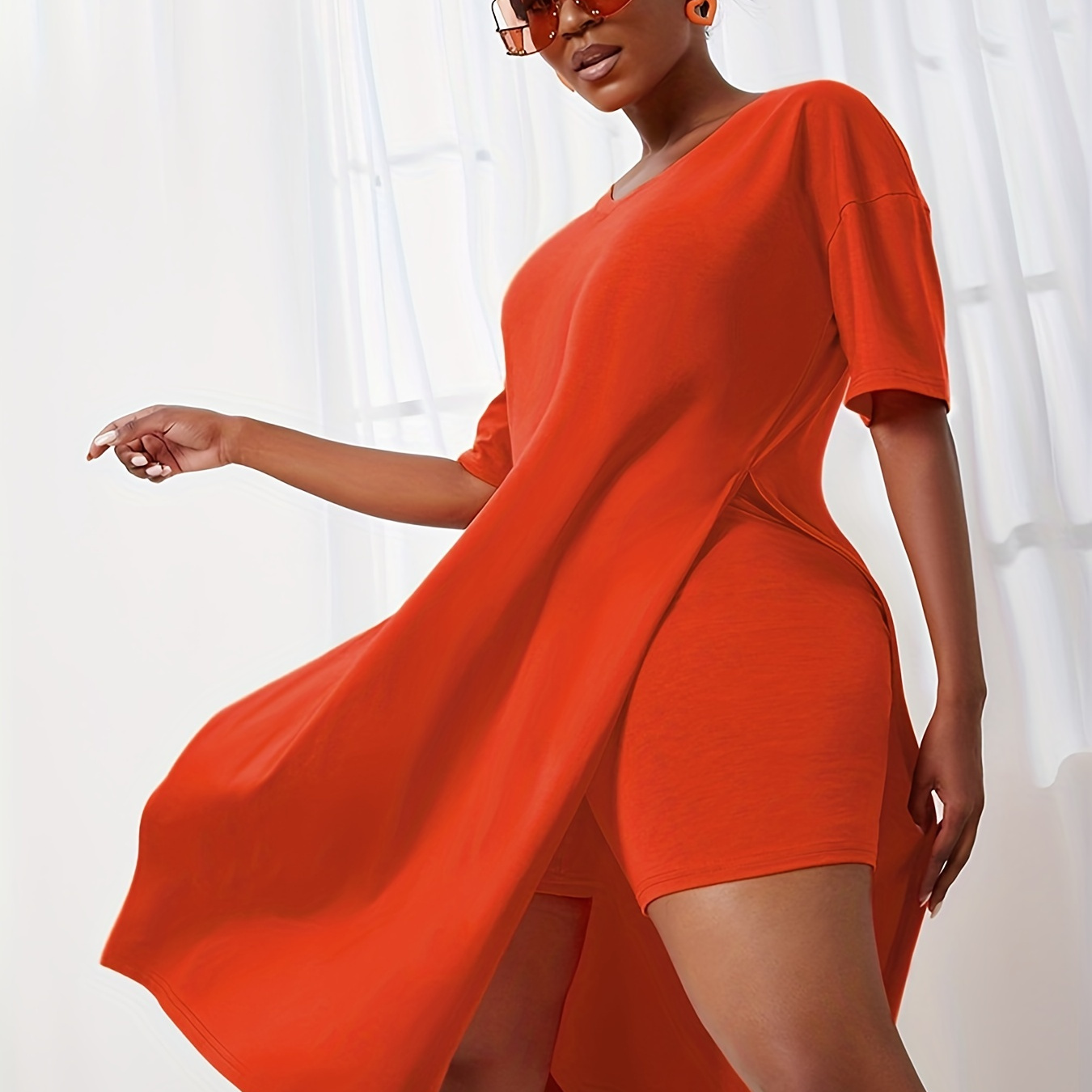 

Solid Casual Two-piece Set, Split Long Length Tops & Slim Shorts Outfits, Women's Clothing
