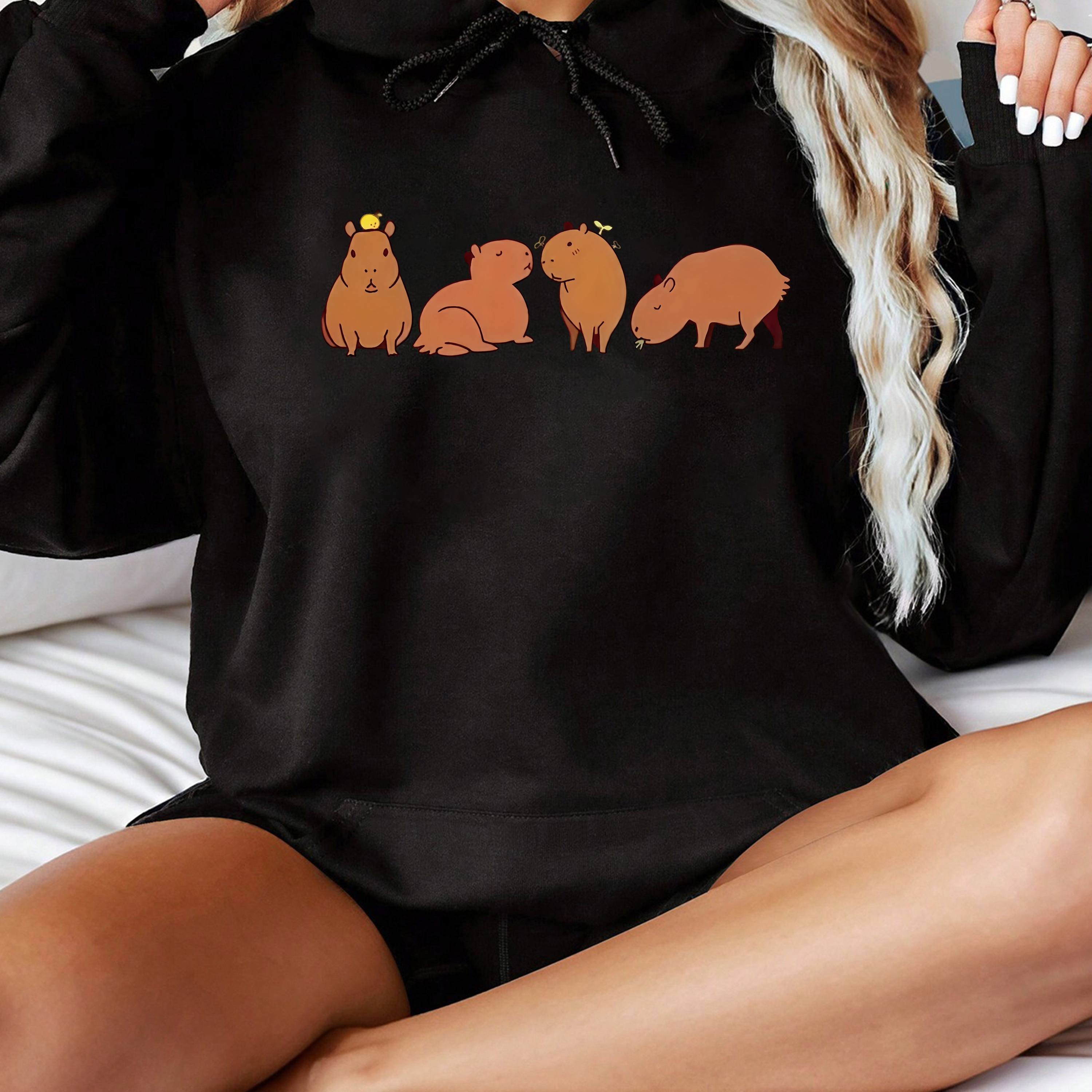 

Capybara Print Drawstring Hoodie, Casual Long Sleeve Kangaroo Pocket Hoodie Sweatshirt, Women's Clothing