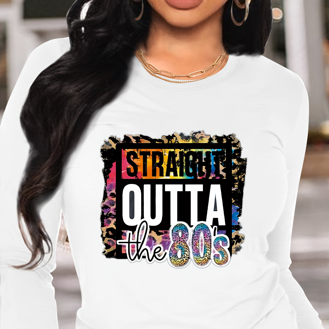 

Straight Outta The 80s Graphic Print Crew Neck Long Sleeve T-shirt - Casual Polyester Knit Fabric Tee With Applique Detail For All Seasons