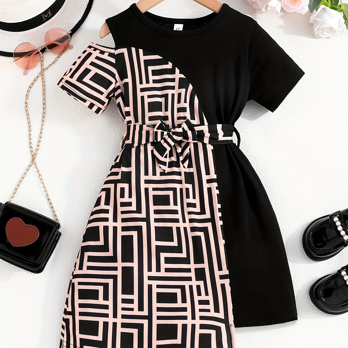 

Cute & Fashion Color-block T-shirt Dress With Belt For Girls - Ideal For Holiday & Casual Outings, Summer