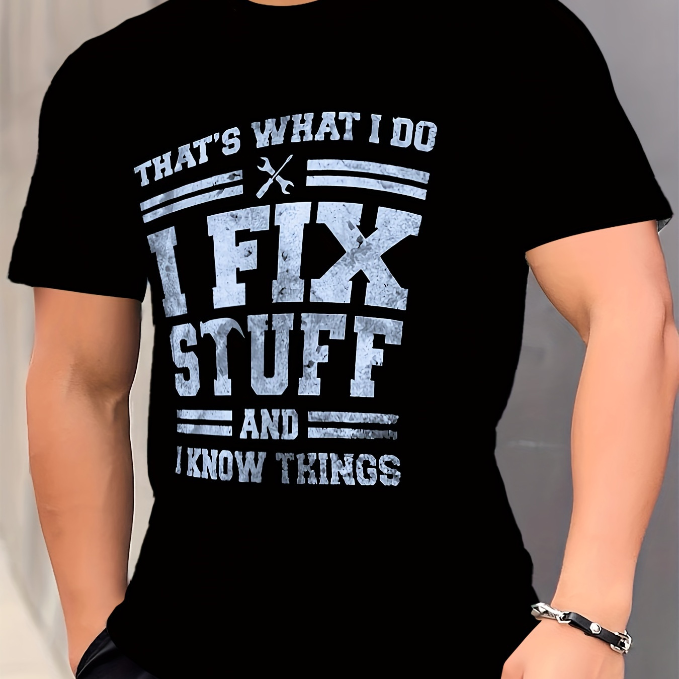 

Men's I Fix Stuff Print T-shirt, Casual Short Sleeve Crew Neck Tee, Men's Clothing For Outdoor