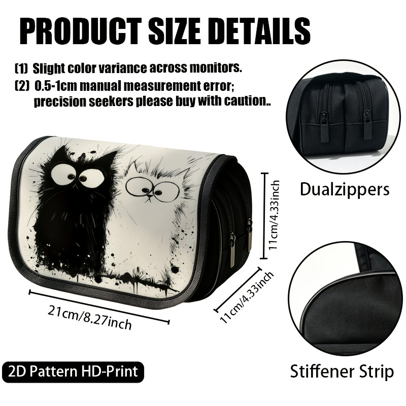TEMU 1pc Pencil Case, Splatter Cat Black White Large Capacity Thickened Oxford Pencil Bag Double-layer Zipper Pencil Pouch, Aesthetic Back To School