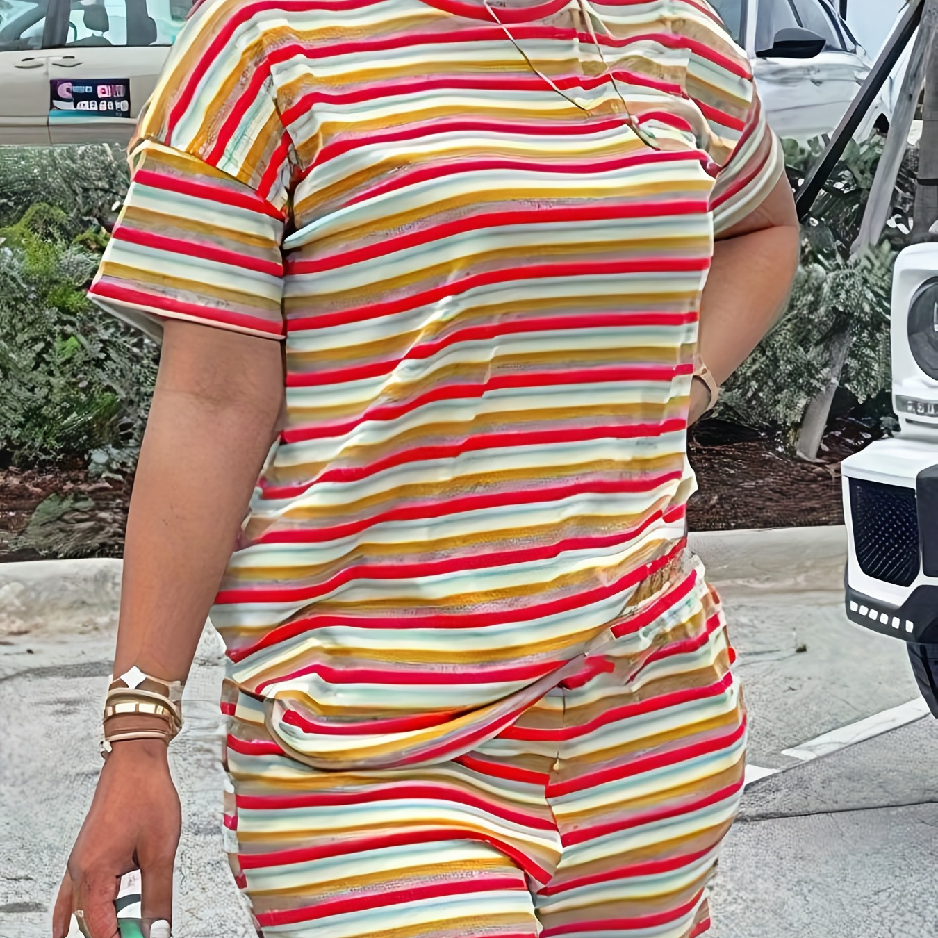 

Striped Print Casual Two-piece Set, Crew Neck Short Sleeve Tee & Simple Shorts Outfits, Women's Clothing