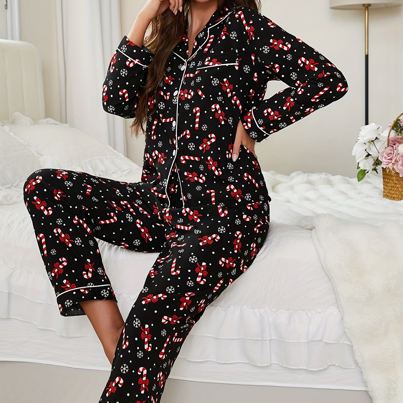 

Christmas 2pcs Set Of Autumn And Winter Women's Comfortable Pajamas With Floral Print, Contrasting Color, And Pockets, Long Pajamas With Long Sleeves And Trousers, Casual Pajamas