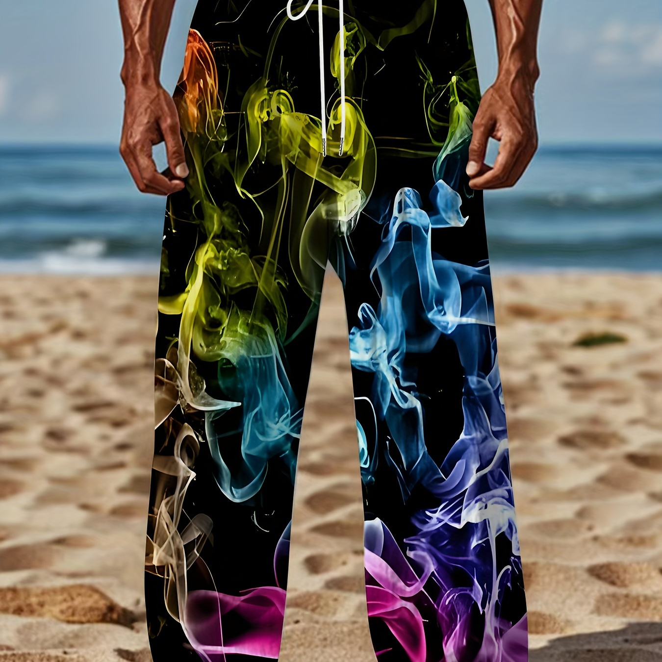 

Men's Smoke Pattern Straight Leg Pants With Drawstring, Casual Retro Trousers As Gift