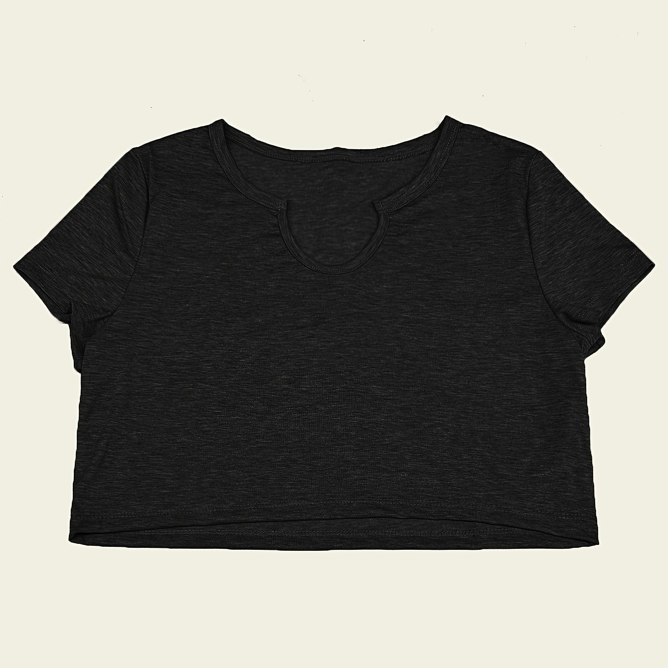 

Notched Neck Solid T-shirt, Casual Short Sleeve Crop Top For Spring & Summer, Women's Clothing