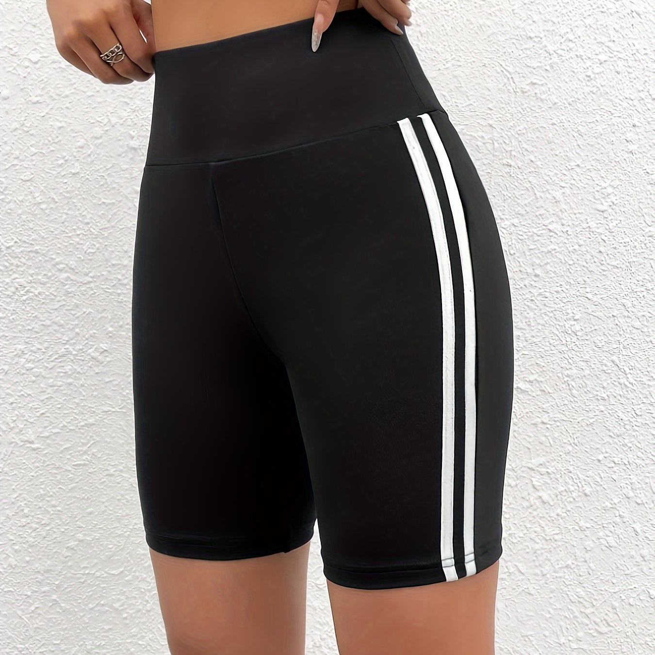 

Women's Sporty Striped Biker Shorts With Elastic Waistband, High Stretch Four-season Wear, Soft And Comfortable