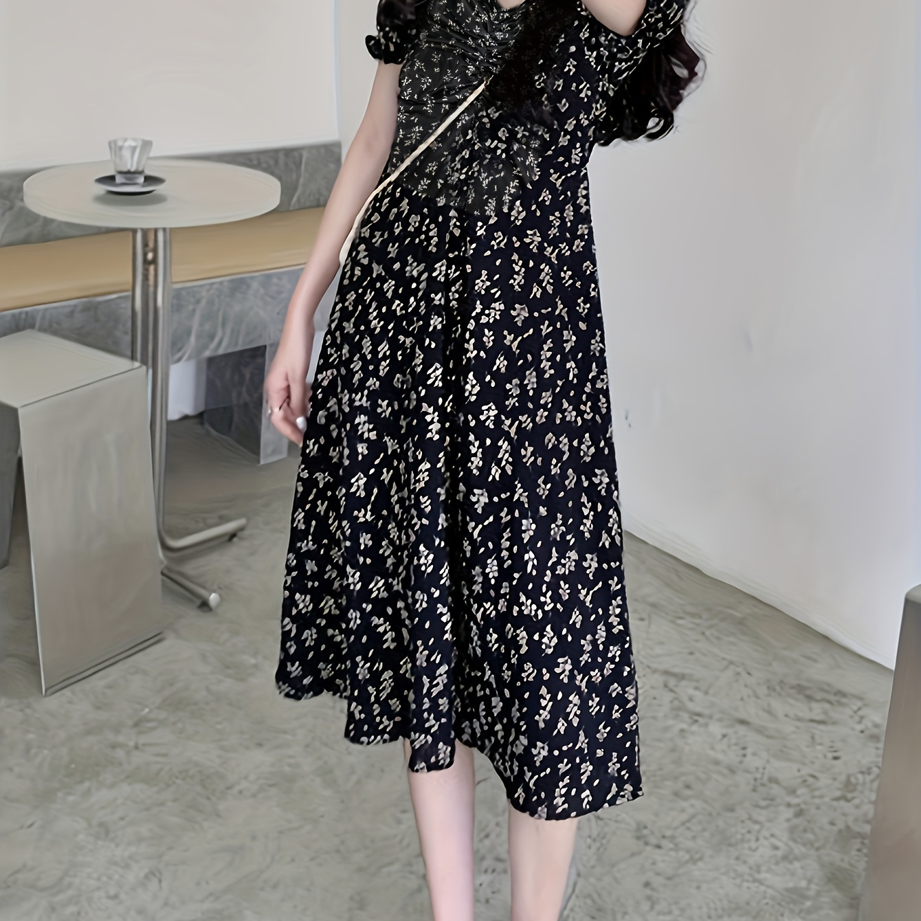 

Floral Print V-neck Aline Dress, Elegant Puff Sleeve Dress For Spring & Summer, Women's Clothing