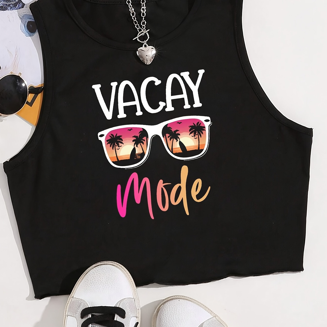 

Women's "vacay Mode" Printed Sleeveless Crop Top, Casual Sporty Tank For Fitness & Workout, Round Neck, Graphic Tee With Sunglasses & Palm Trees Design