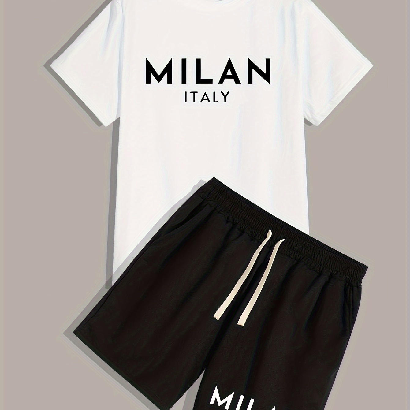 

Milan Italy Letter Print Men's 2 Piece Set, Summer Short Sleeve T-shirt & Drawstring Shorts Co Ord Set, Casual Comfy Outfits For Outdoor Sports Daily Wear