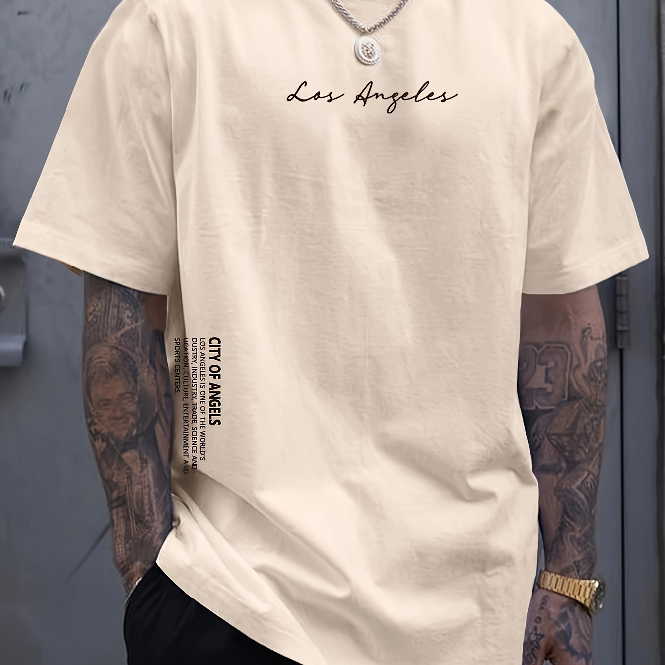 

Los Angeles Creative Print Men's Casual T-shirt, Summer Fashion Crew Neck Short Sleeve Top, Modern Streetwear Style For Men