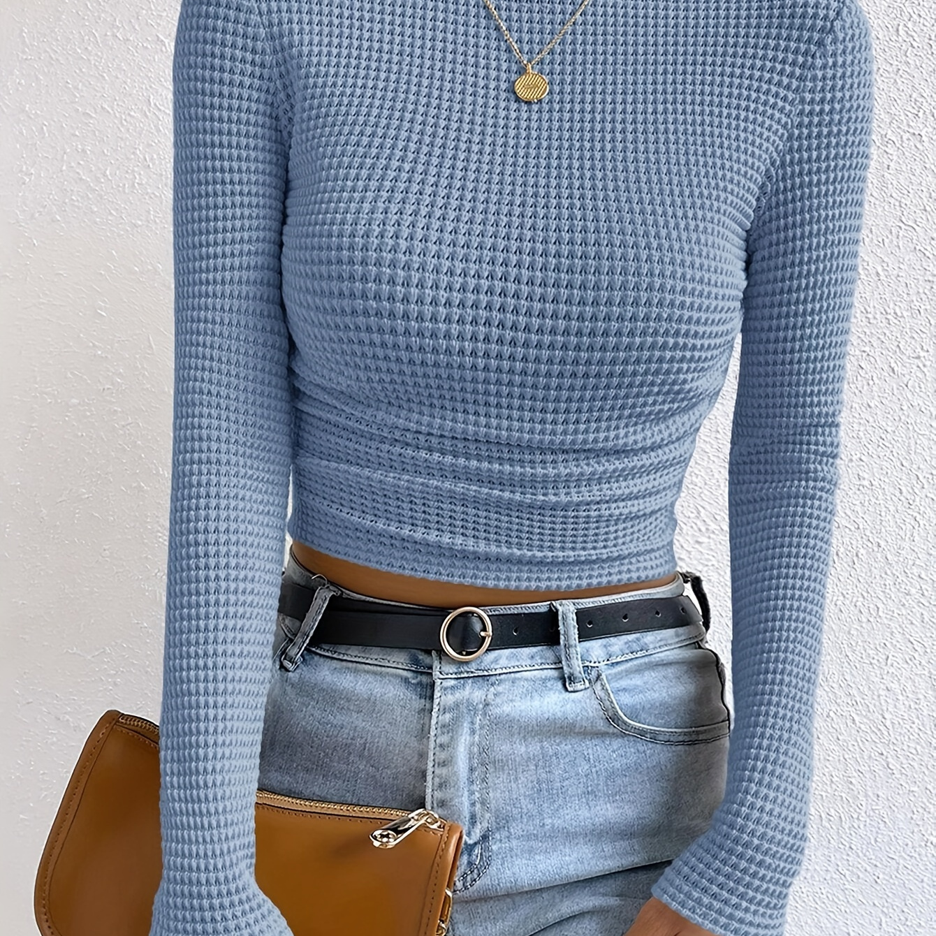 

Elegant Solid Color Waffle Knit T-shirt 95% Polyester 5% Spandex Crew Neck Long Sleeve Top