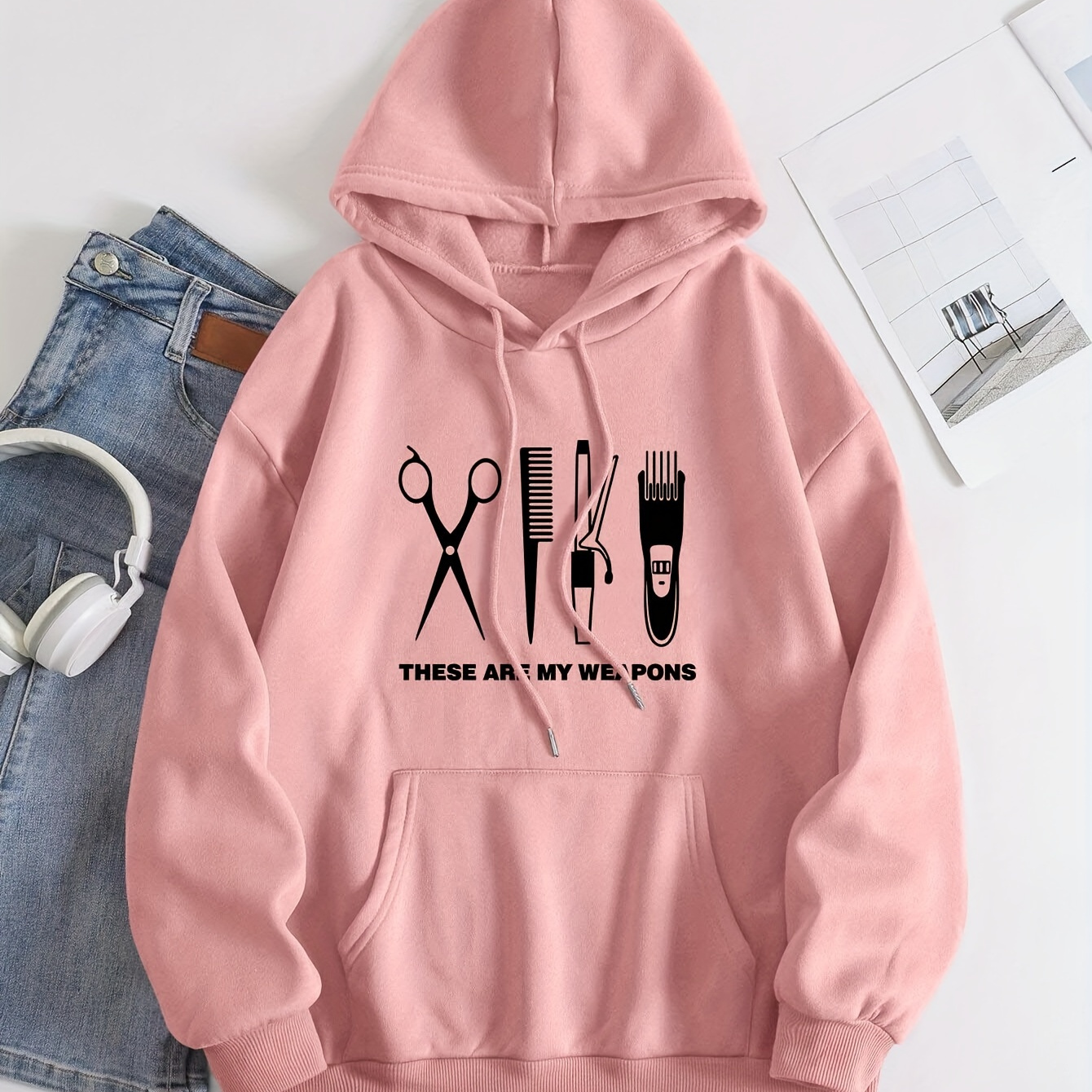 

Barber Tool Print Hoodie, Casual Long Sleeve Kangaroo Pocket Hooded Sweatshirt, Women's Clothing