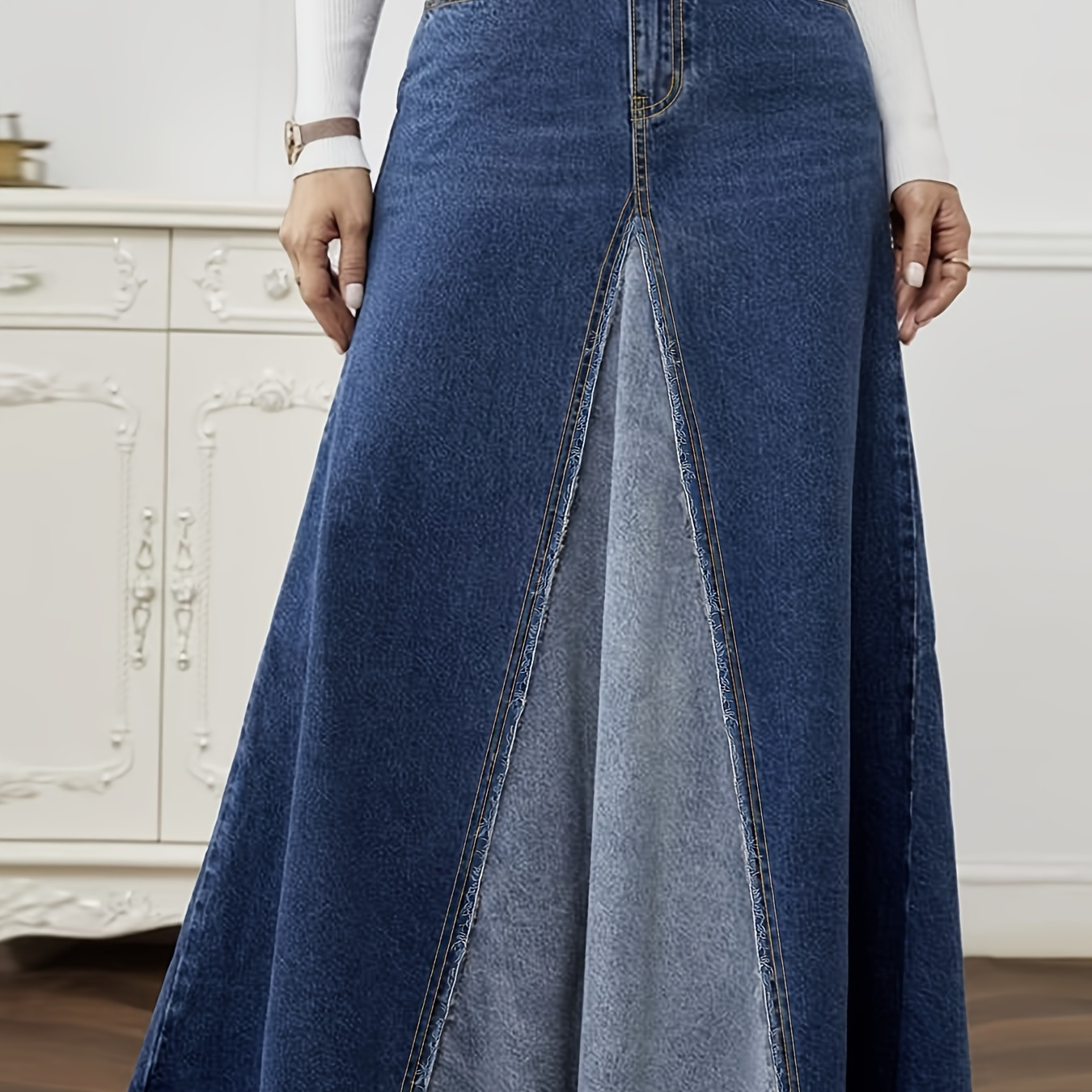 

Size Denim Midi Skirt With Design - High Waist, Wide Swing, Non-stretch Fabric For Women - Spring/summer/fall