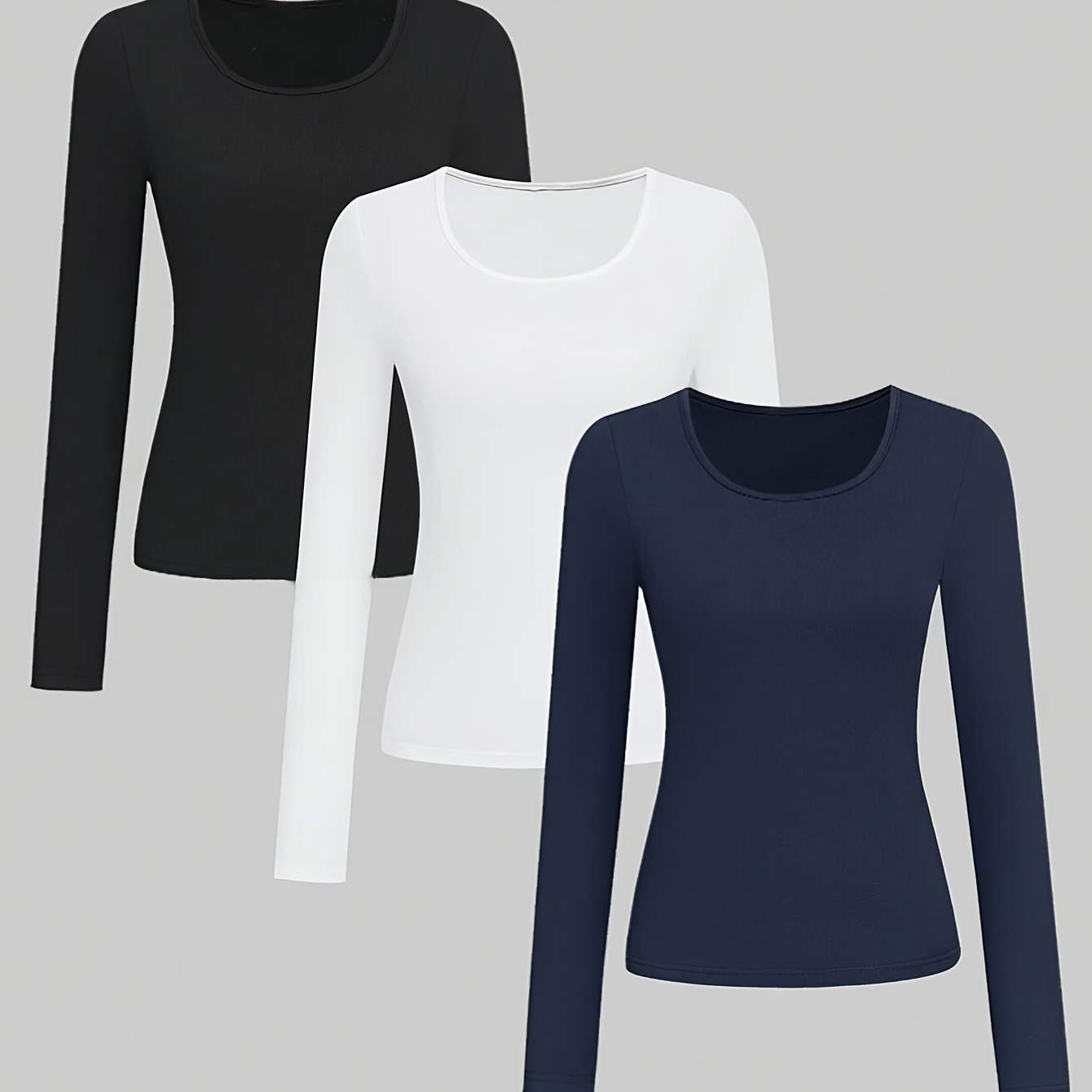 

3-pack Women's Thermal Long Sleeve T-shirts, Elegant Knit Polyester Blend, Solid Color, Regular Fit, Crew Neck, Casual Style, Autumn/winter Collection