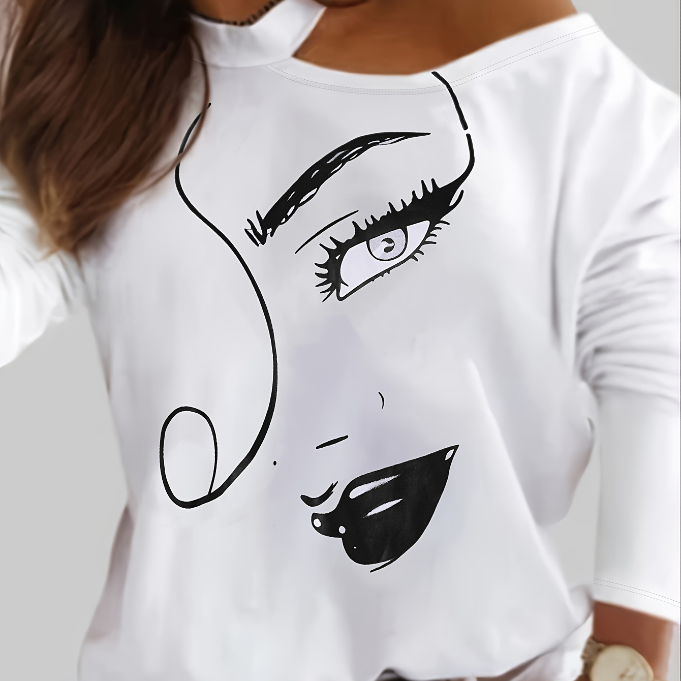 

Plus Size Cold Shoulder Figure Print T-shirt, Women's Plush Casual Slight Stretch Tee Tops