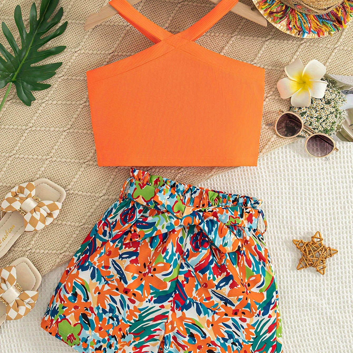 

Orange Floral Print 2pcs Girls Cross Straps Halter Top & Full Print Shorts Set, Casual Outfit Summer Clothes