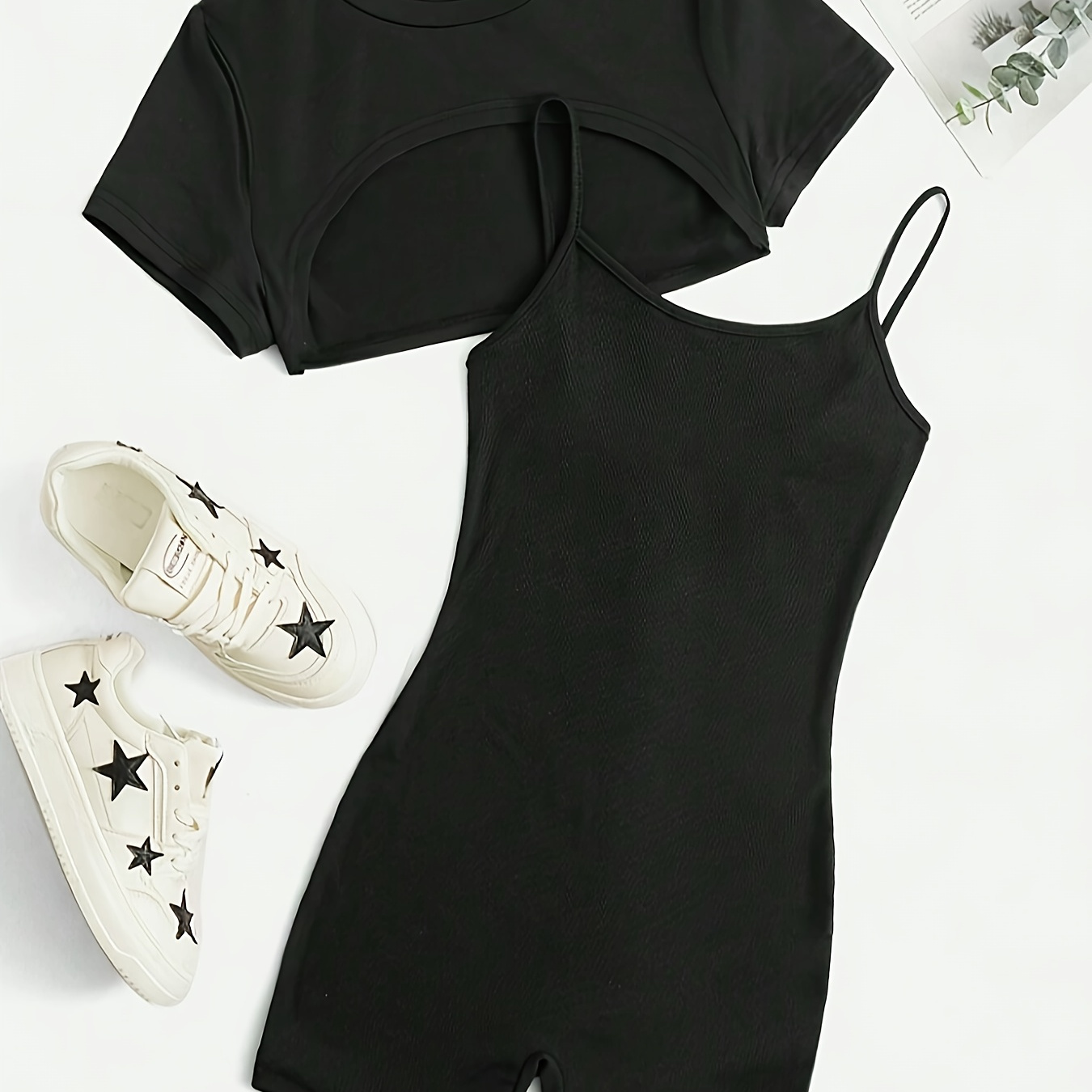 

Casual Solid Color Summer Two-piece Set, Crop Crew Neck Short Sleeve Top & Cami Romper Jumpsuit Outfits, Women's Clothing