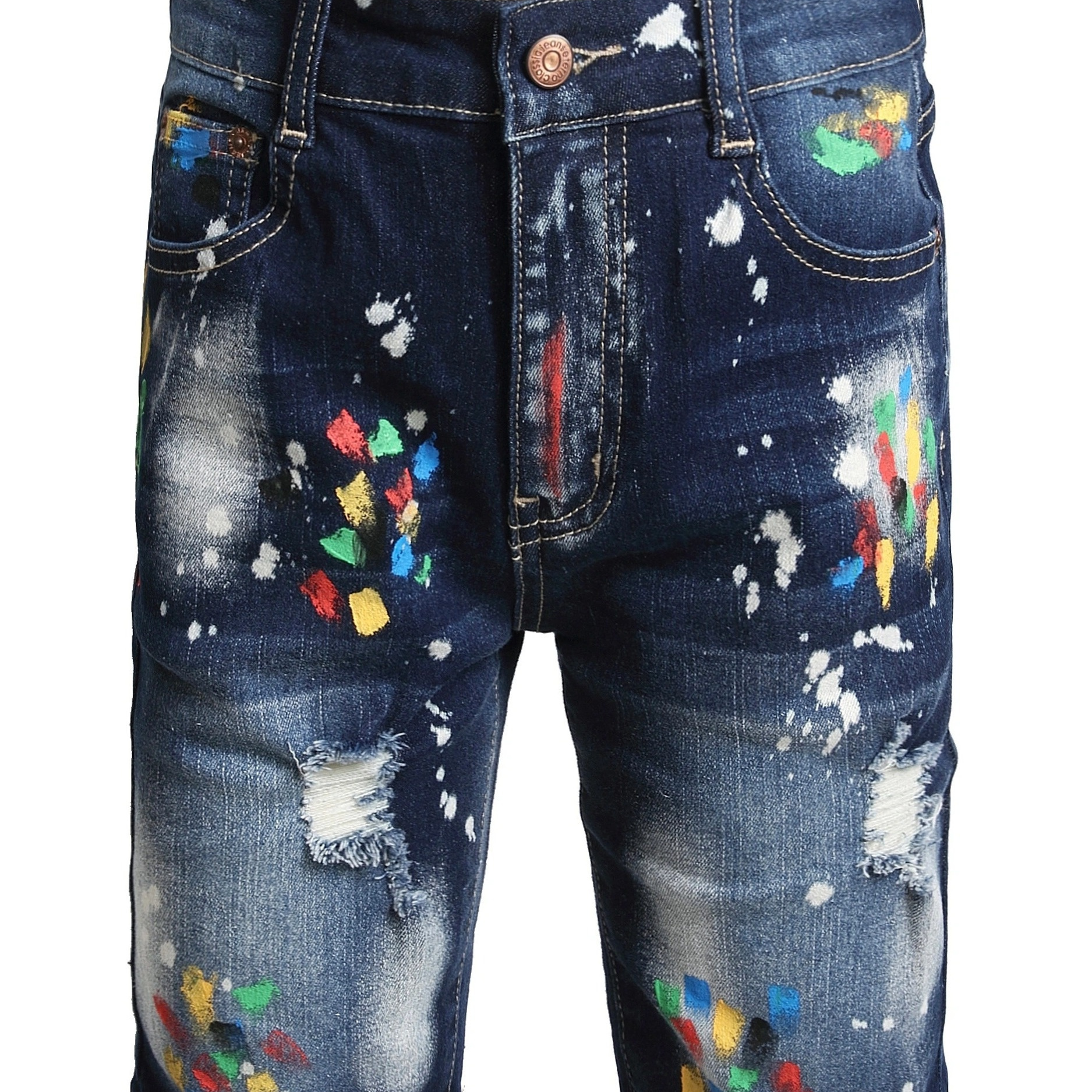 

Boys Trendy Denim Shorts, Party Style, Graffiti Print, Stretch Fit, Paint Splash, Distressed Knee-length Jeans For Boys