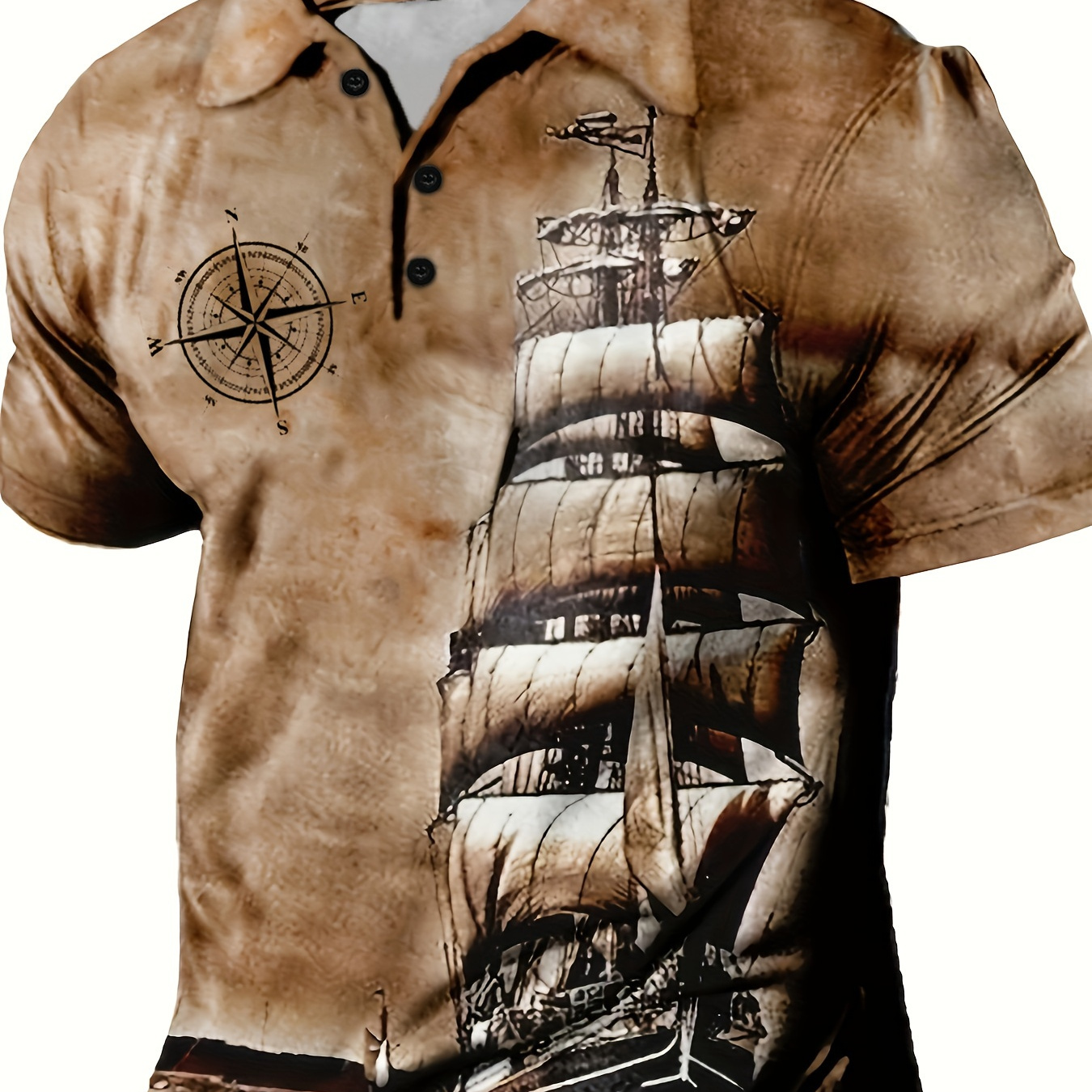 

Men's Vintage Sailing Boat & Compass Pattern Print Short Sleeve Button Up Lapel Shirt For Summer Daily, Men's Tops, Golf Shirts
