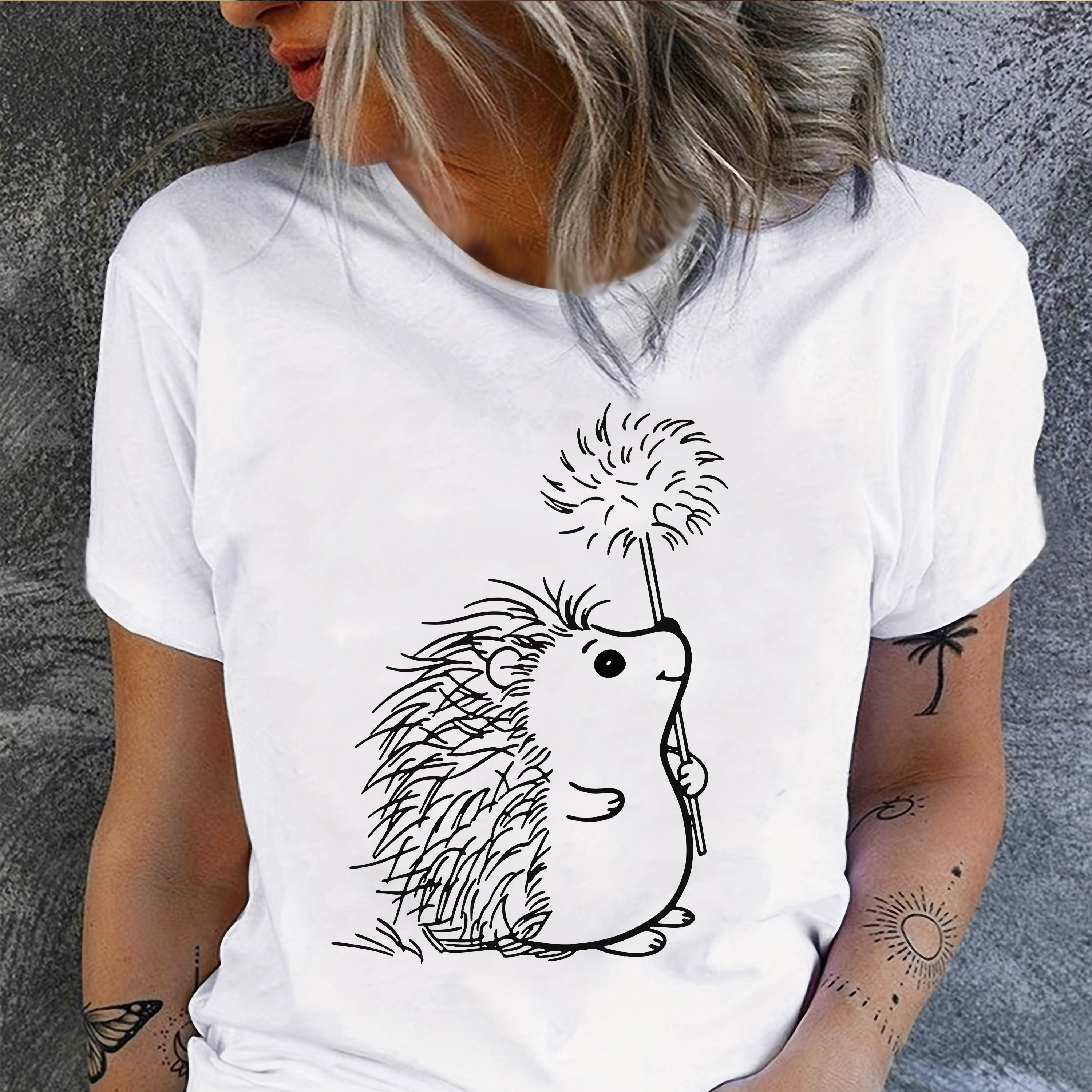 

Cartoon Hedgehog Print T-shirt, Short Sleeve Crew Neck Casual Top For Summer & Spring, Women's Clothing
