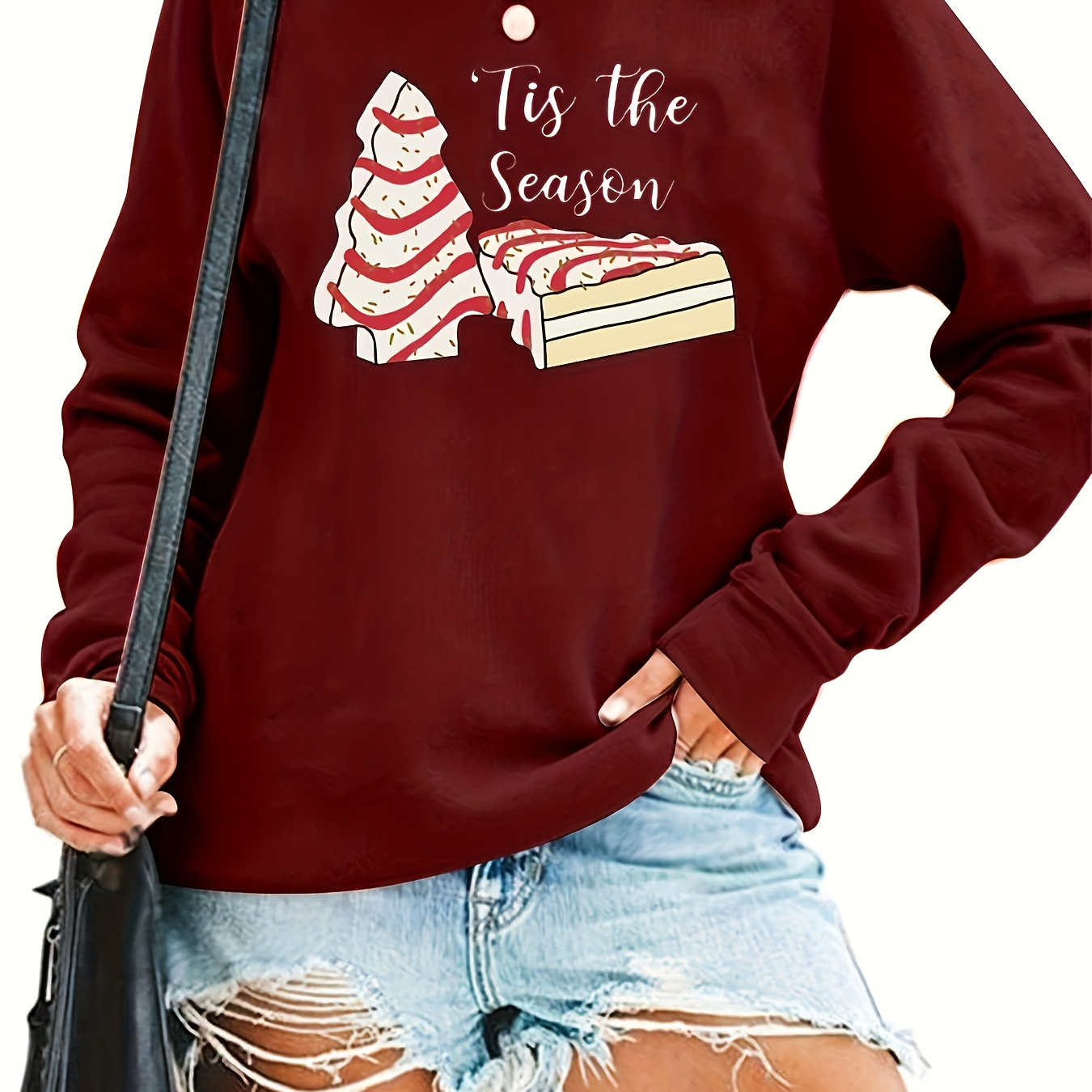 

Christmas Cake Print Crew Neck Sweatshirt, Casual Long Sleeve Festival Sweatshirt, Women's Clothing