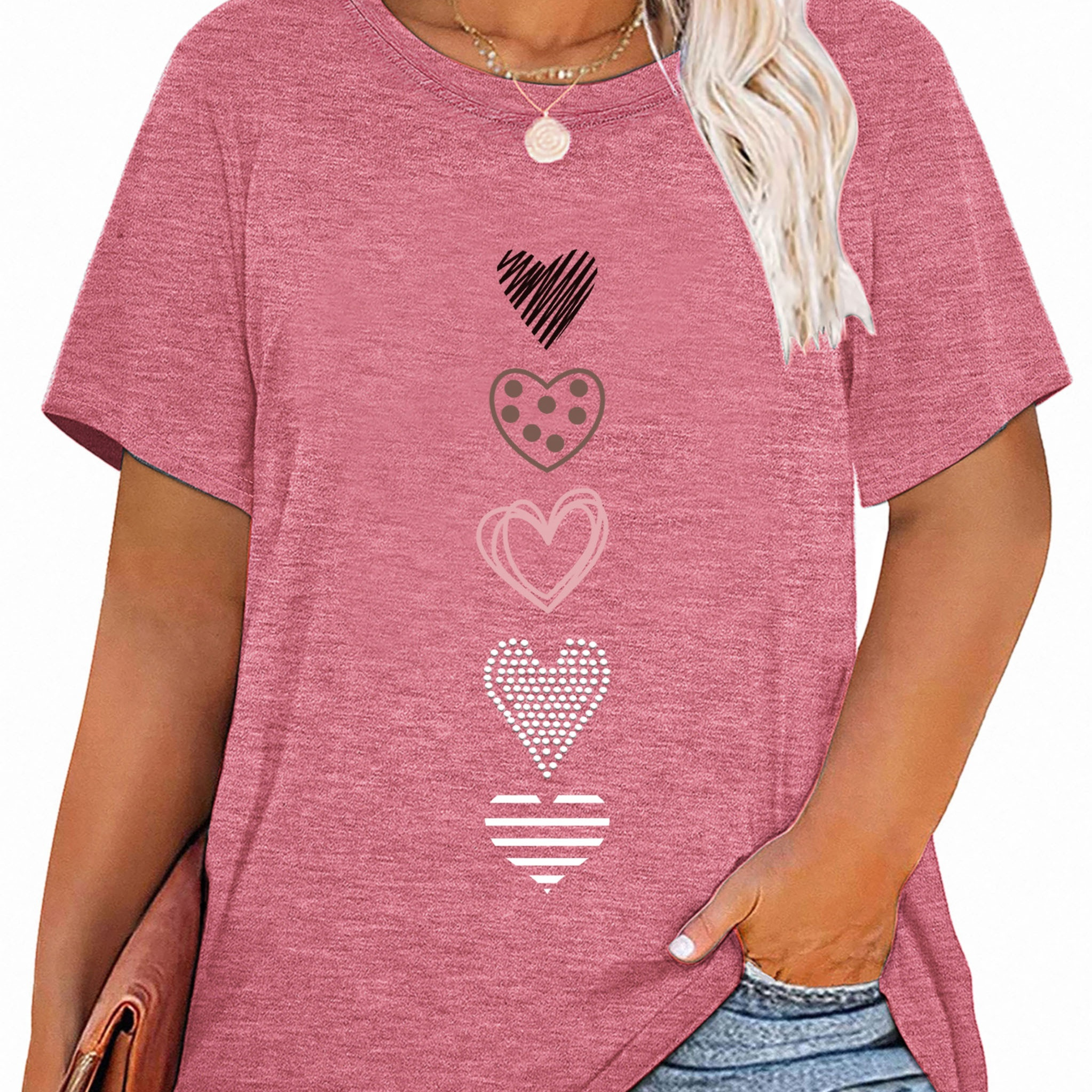 

Plus Size Heart Print T-shirt, Casual Short Sleeve Crew Neck Top For Spring & Summer, Women's Plus Size Clothing