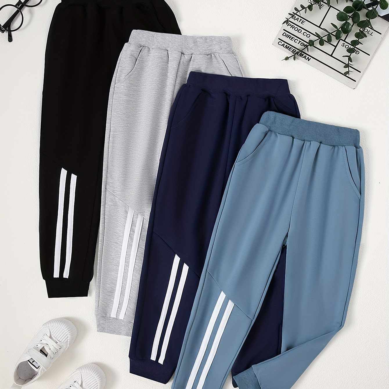 

4pcs Boys Simple Vertical Striped Long Pants With Pocket, Comfy Waist Jogger Pants For Autumn And Winter